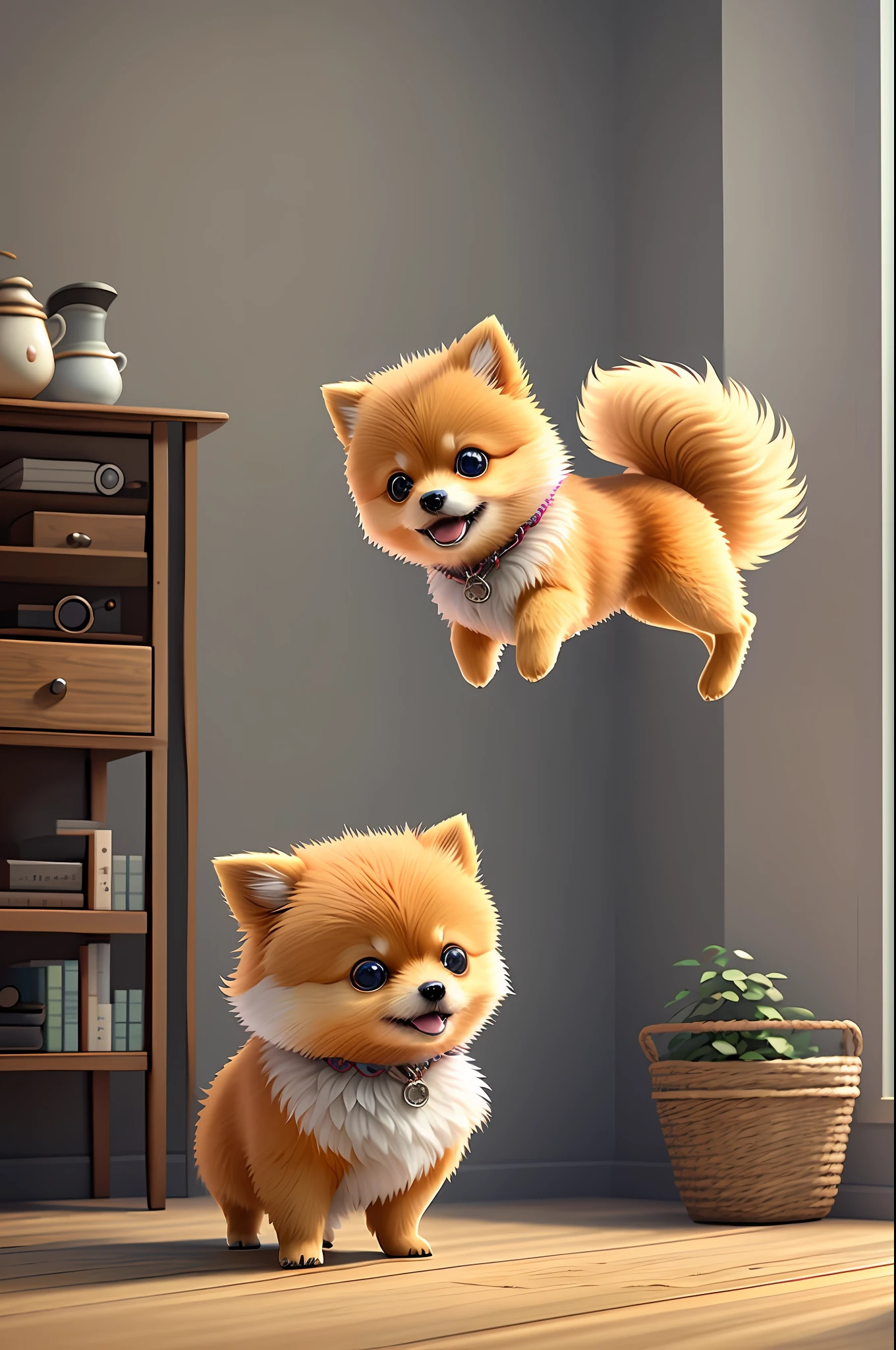 Cute adorable little pomeranian dog waving and smiling greeting me, unreal engine, cozy interior lighting, art station, detailed digital painting, cinematic, character design by mark ryden and pixar and hayao miyazaki, unreal 5, daz, hyper realistic, octane render, 3DMDT1