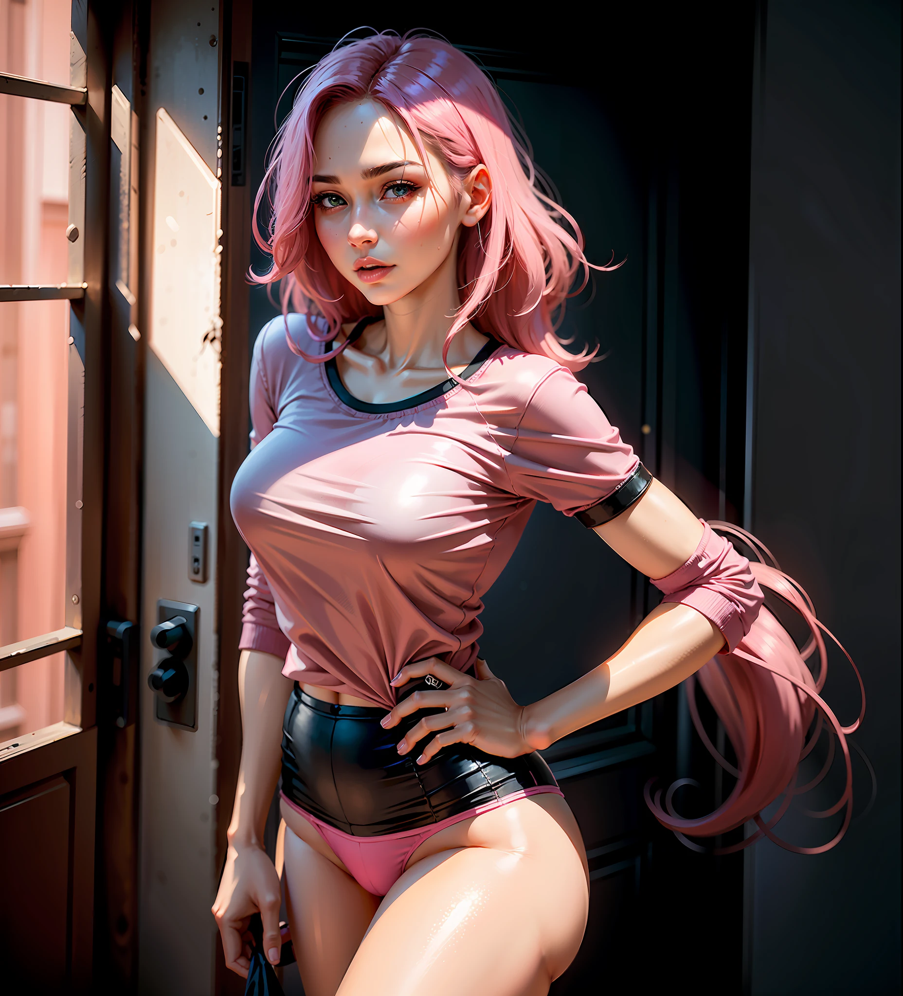 ((realistic face, seductive, adult look)), (pink pink shirt, black underwear, short clothes), (pink long hair), (28 years), (1 girl), (4k style))