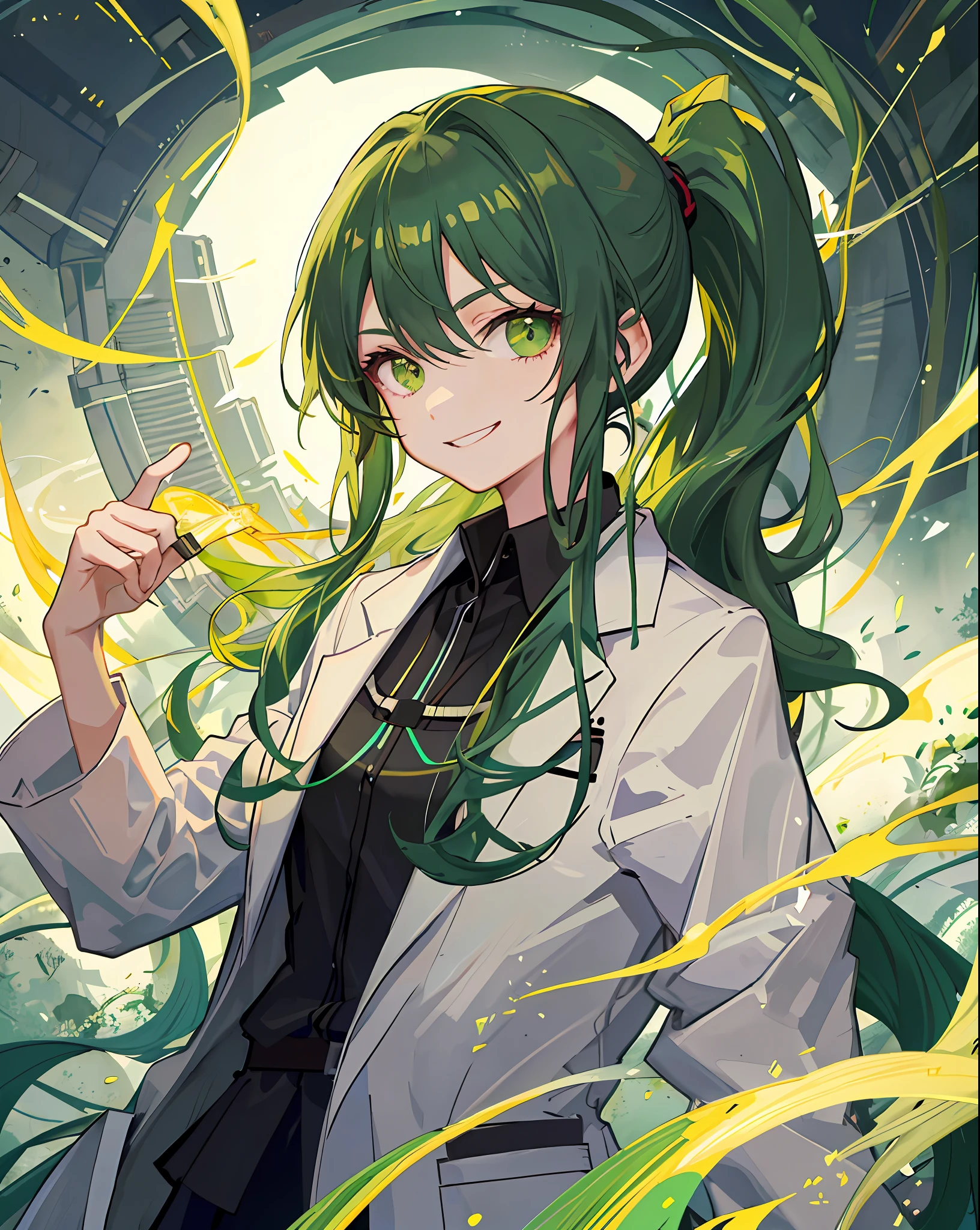 masterpiece, best quality, dark green hair, both sides up, low ponytail, long hair, lab coat, laboratory atmosphere, doctor, evil smile, loli, jewel, young, one girl, upper body, dark aura