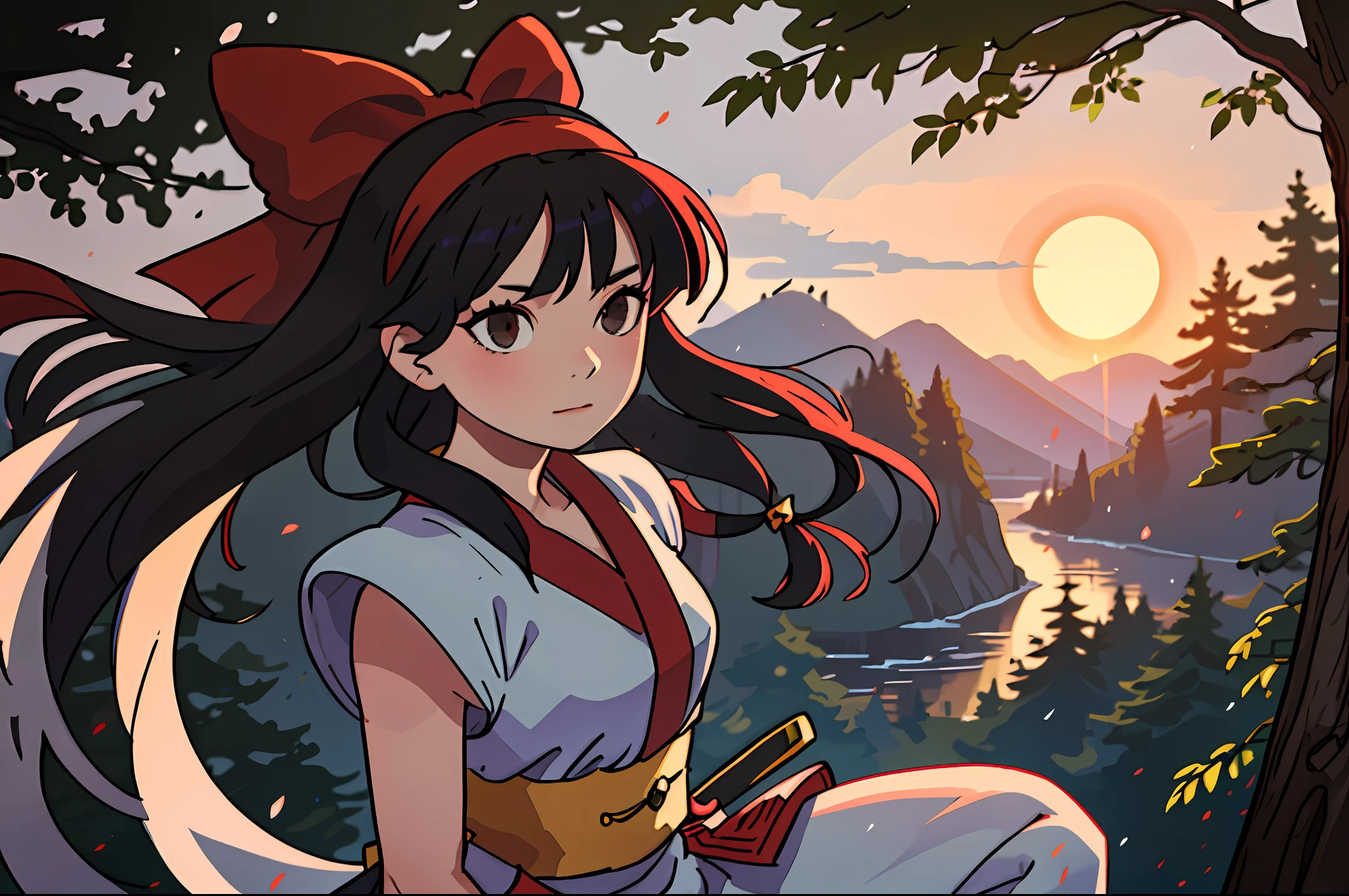 masterpiece, best quality,1girl, red bow, bow, long hair, hair bow, ainu clothes, solo, hairband, black hair, fingerless gloves, short sleeves, gloves, sash, pants, bangs, red hairband, weapon, breasts, brown eyes, white pants, japanese clothes, nakoruru, light smile, officials art, good composition,m, detailed portrait, portrait, bokeh, forest with river, sun behind back, pencil style, traditional brush, samurai, onmyoji style, high resolution, dramatic lighting and shadow, sun flared, blurry foreground, blood plashing around, looking at viewer, hands behind back, hands not in view, face shading, strong lighting, dim light, nostalgia look, dramatic hair, shinto gate behind, masterpiece