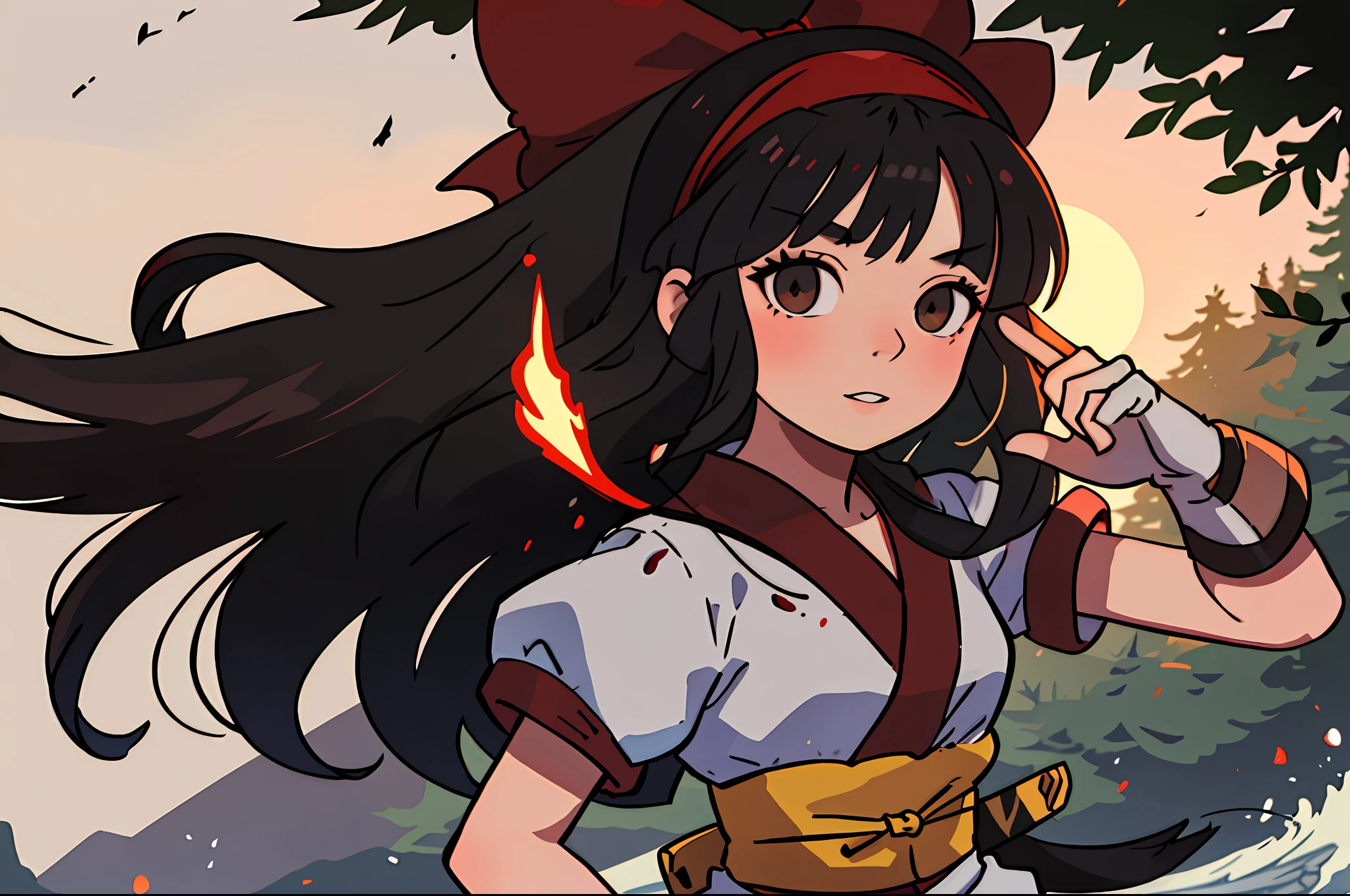 masterpiece, best quality,1girl, red bow, bow, long hair, hair bow, ainu clothes, solo, hairband, black hair, fingerless gloves, short sleeves, gloves, sash, pants, bangs, red hairband, weapon, breasts, brown eyes, white pants, japanese clothes, nakoruru, light smile, officials art, good composition,m, detailed portrait, portrait, bokeh, forest with river, sun behind back, pencil style, traditional brush, samurai, onmyoji style, high resolution, dramatic lighting and shadow, sun flared, blurry foreground, blood plashing around, looking at viewer, hands behind back, hands not in view, face shading, strong lighting, dim light, nostalgia look, dramatic hair, shinto gate behind, masterpiece