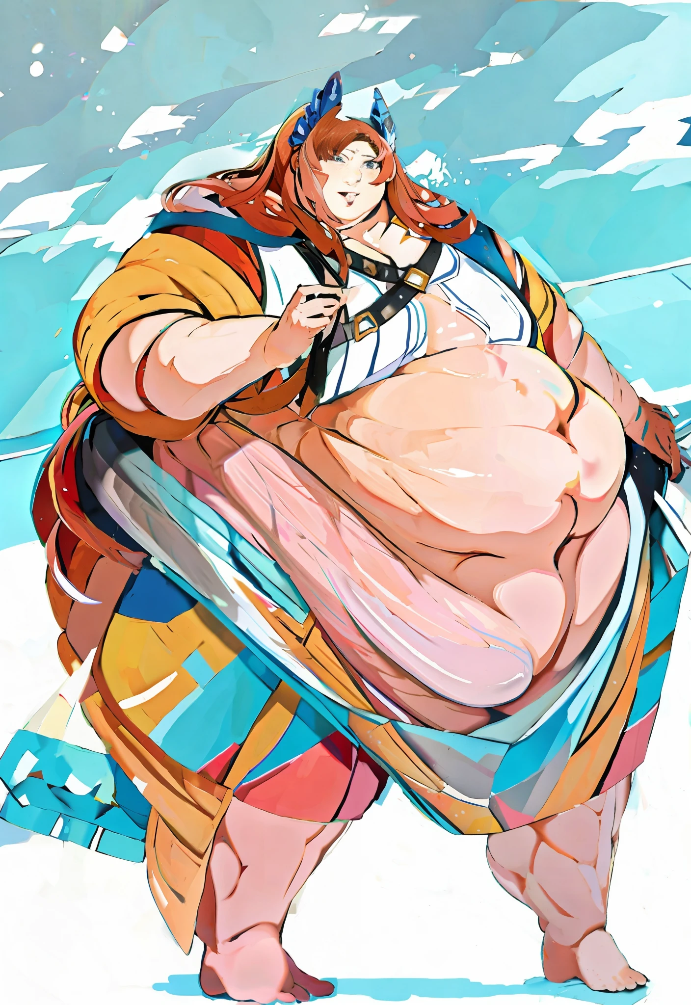 Anime art of a handsome!!! yet fat young man with he has a jiggly fat round!! belly, thicc, ((his belly is fat and round)), full body portrait of a tall!, fat bacchanalian body, obese ), insanely inflated hips, fullbody commission for, morbidly obese, an obese, large thighs, huge belly,expression(Smug),(( High quality, Masterpiece))