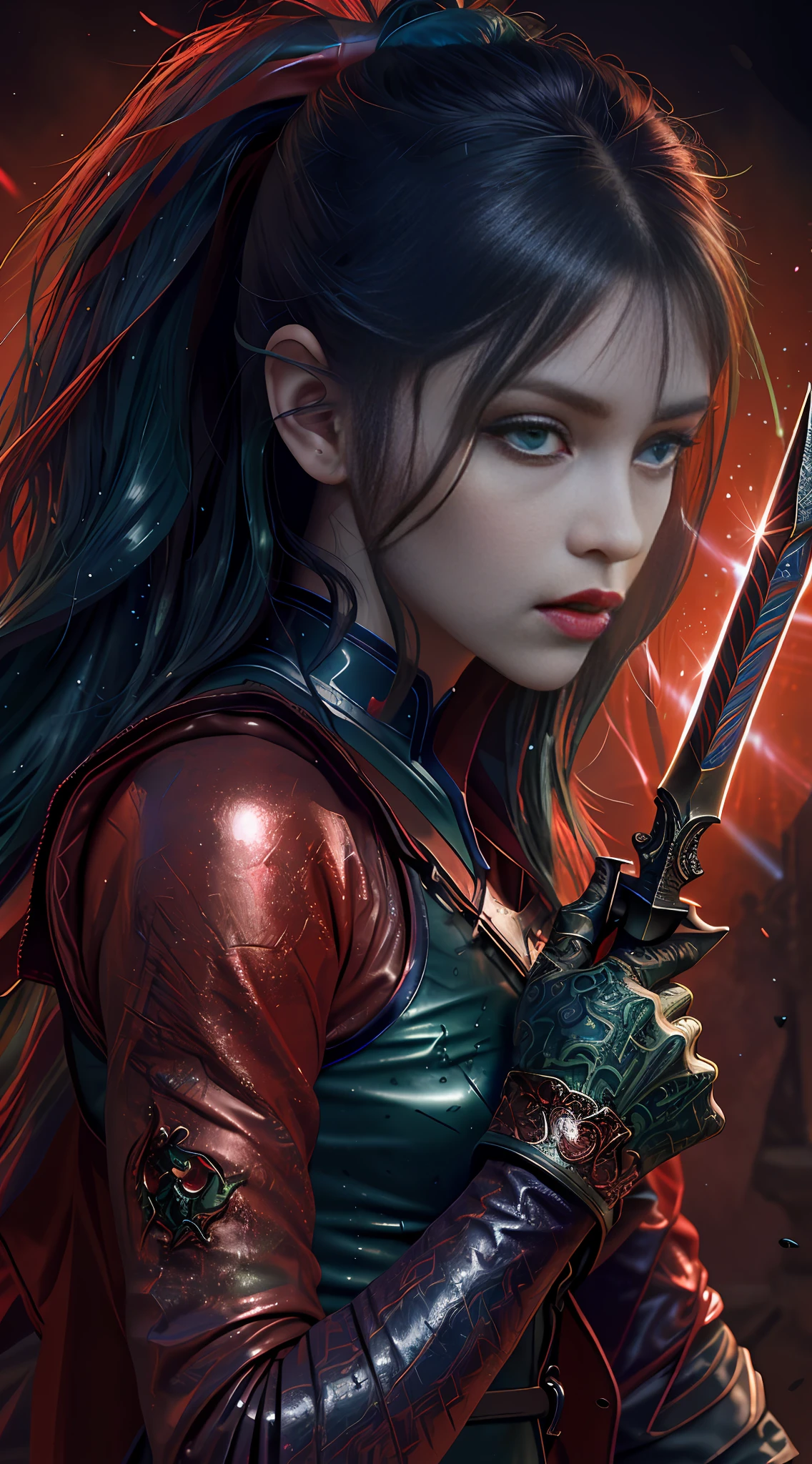 Warrior girl with a fantastic small dagger on hand, Skimpy leather clothes ,dark blue hair with red highlights, (perfect nose), (Best Illustration), 8k Resolution, Intricate Details, Best Quality, Realistic, Ultra Detailed, Best Lighting, Best Shadows, Ultra HD, A Necromancer style, Night, Magic, Dark Style, Vampire, (shining green eyes:1.6), masterpiece, high_res, Beautiful face, tyndall effect, photo realistic, (high detailed skin:1.2), 8k uhd, dslr, high quality, Photograph, high resolution, 4k, 8k, Bokeh, absurdres, ponytail contorted, best ratio four finger and one thumb, front view, dark blue hair gorgeous, perfect proportional skinny body, full body view, wet skin, wet clothes, dark cathedral baground scenery