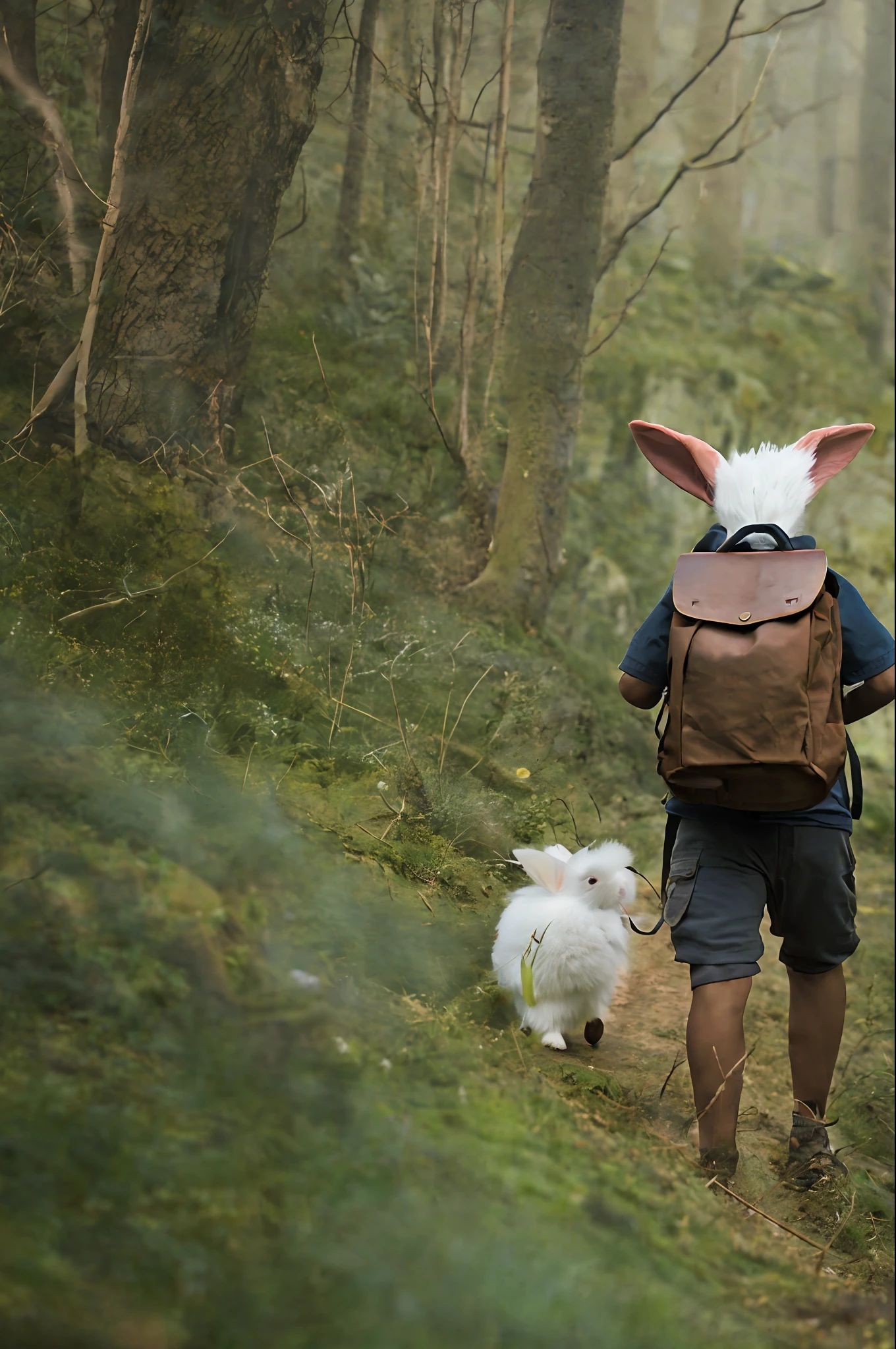 classic negative portrait photography, fantasy video game character concept art, cute white fluffy rabbit carrying a small brown leather backpack looking at map, hiking through forest, dungeon and dragon, fantasy, river, haze, halation, flowers, dramatic atmosphere, 1970s darkness fantasy movie, center, rule of thirds