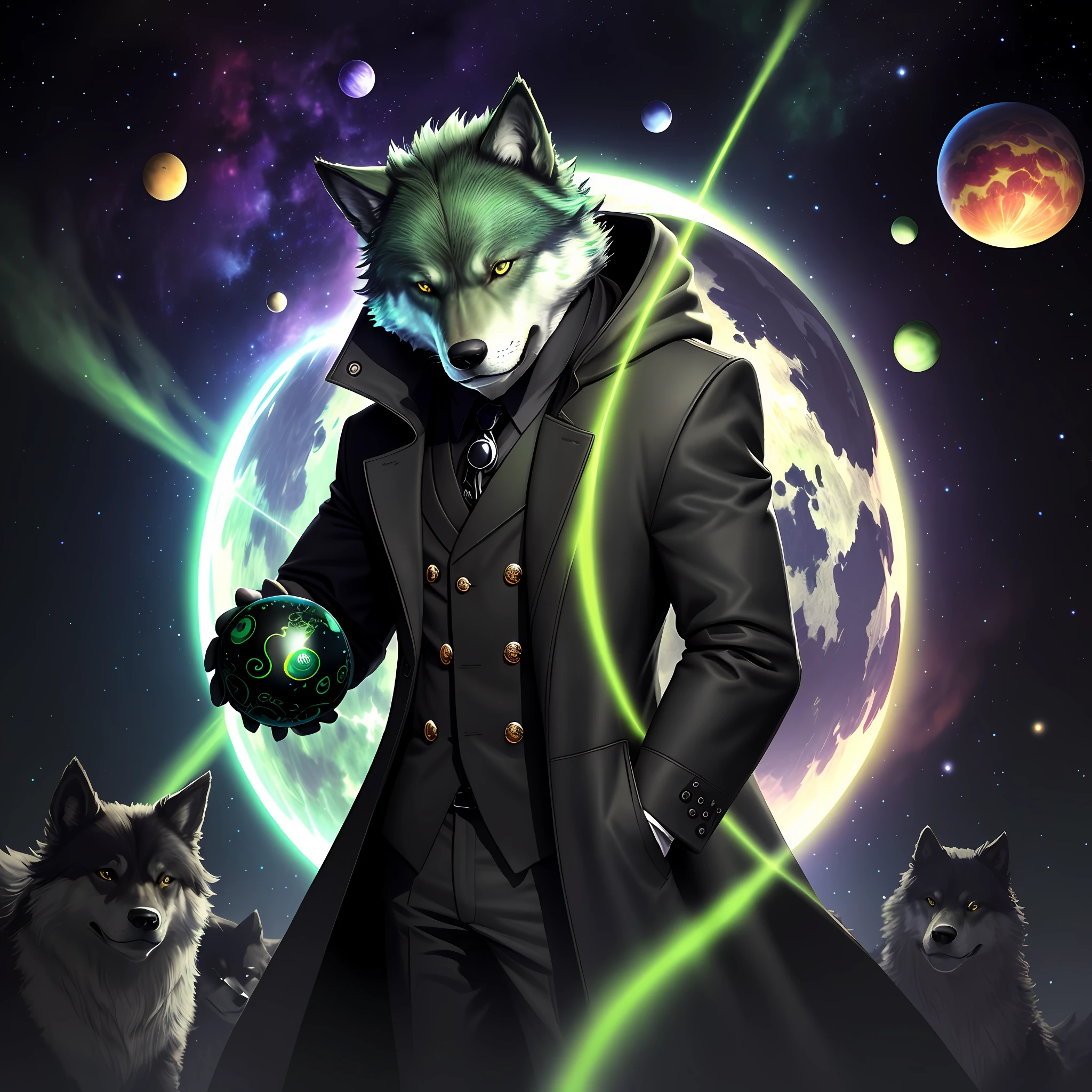 green cosmic wolf, in black overcoat, front and surrounding planets.