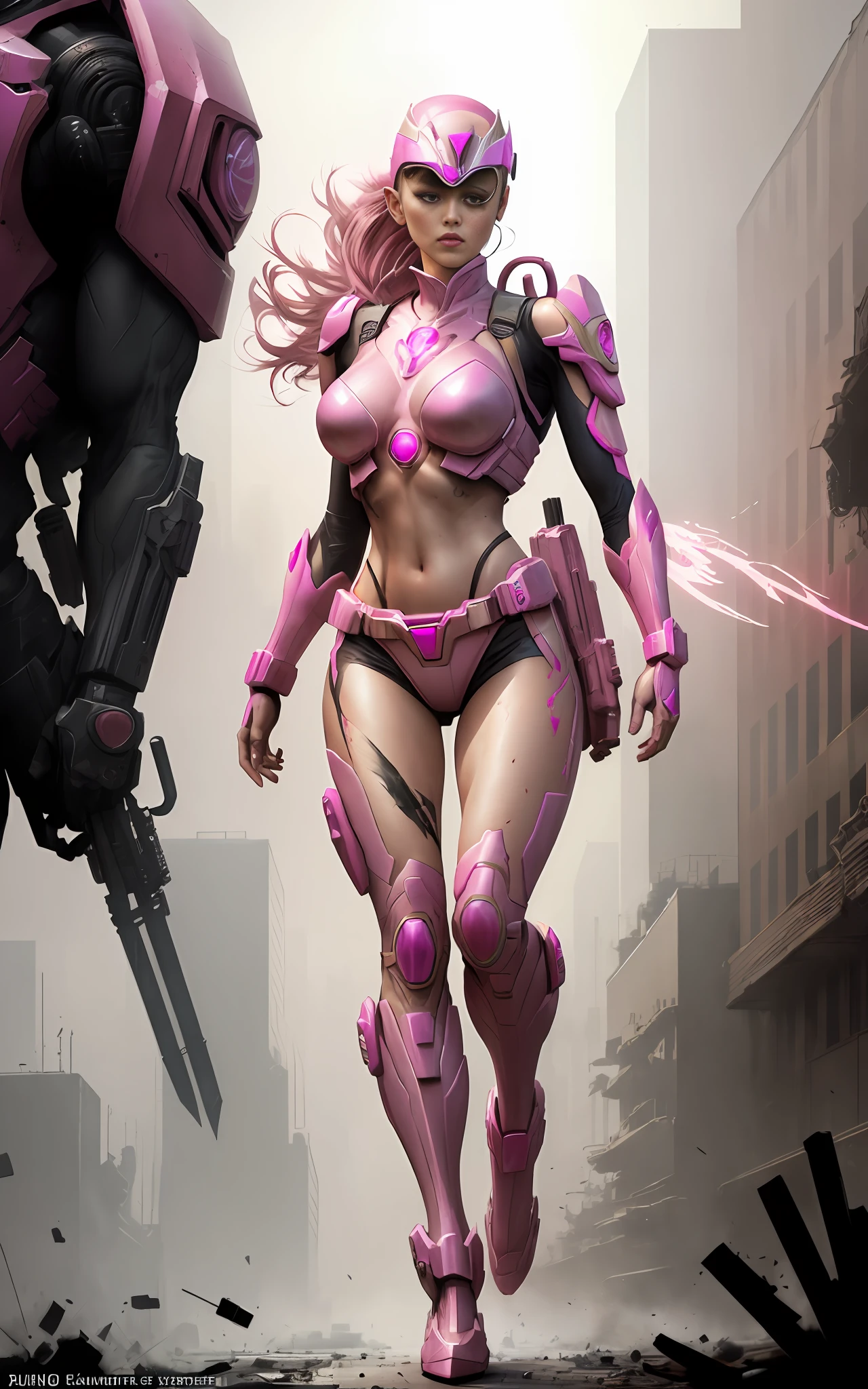 movie scene, a masterpiece (((apocalyptic pink ranger girl))), wearing alternate top, slender body with large breasts, breasts down, firm breasts, walking with a giant destroyed robot behind, full body, Kim Jung gi, freedom, soul, digital illustration, sci-fi, perfect anatomy whole body, centered, approaching perfection, dynamic, highly detailed, watercolor painting, art station, conceptual art, smooth, sharp focus, illustration, art by Carne Griffiths and Wadim Kashin, unique, award-winning, masterpiece