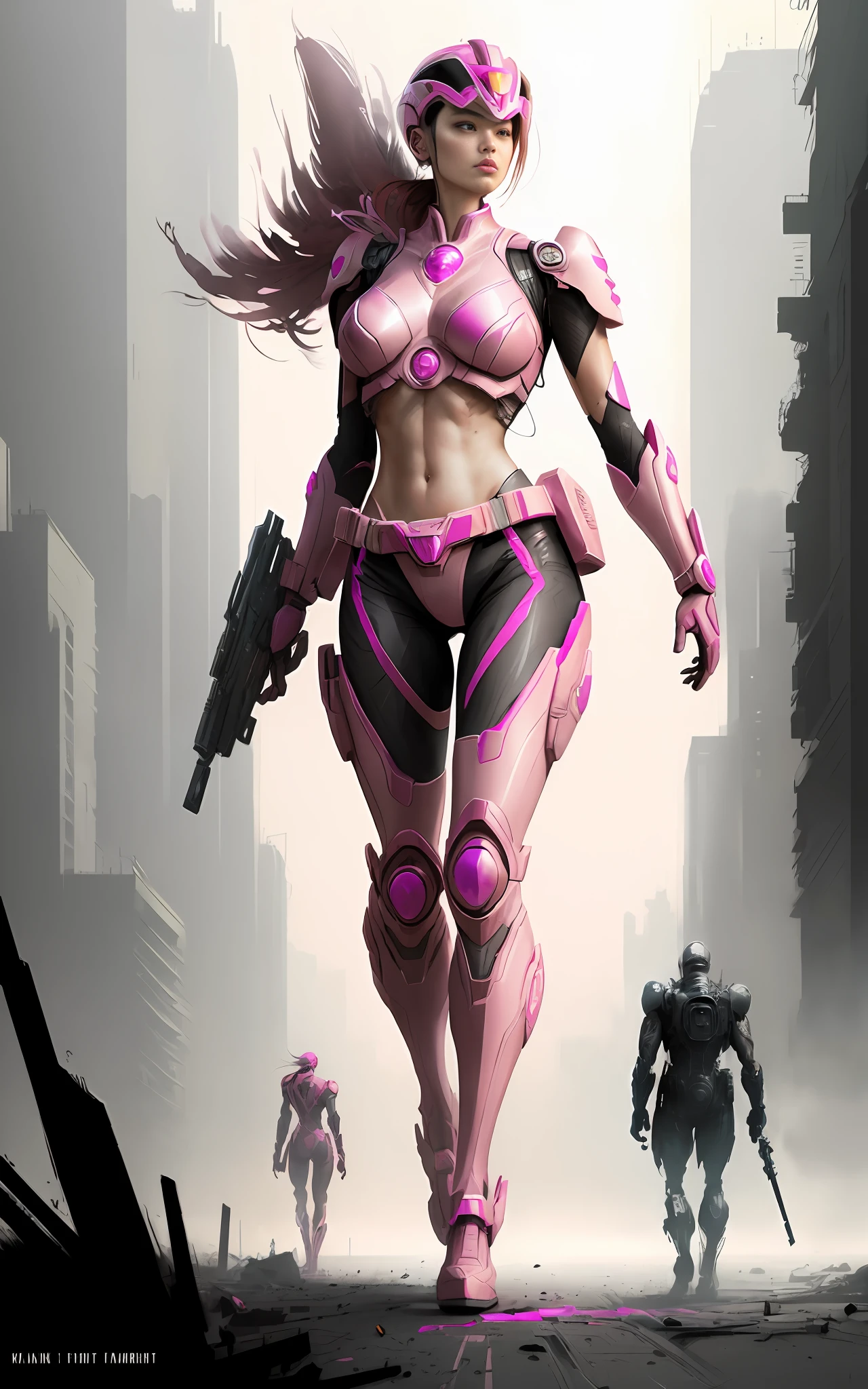 movie scene, a masterpiece (((apocalyptic pink ranger girl))), wearing alternate top, slender body with large breasts, breasts down, firm breasts, walking with a giant destroyed robot behind, full body, Kim Jung gi, freedom, soul, digital illustration, sci-fi, perfect anatomy whole body, centered, approaching perfection, dynamic, highly detailed, watercolor painting, art station, conceptual art,  smooth, sharp focus, illustration, art by Carne Griffiths and Wadim Kashin, unique, award-winning, masterpiece