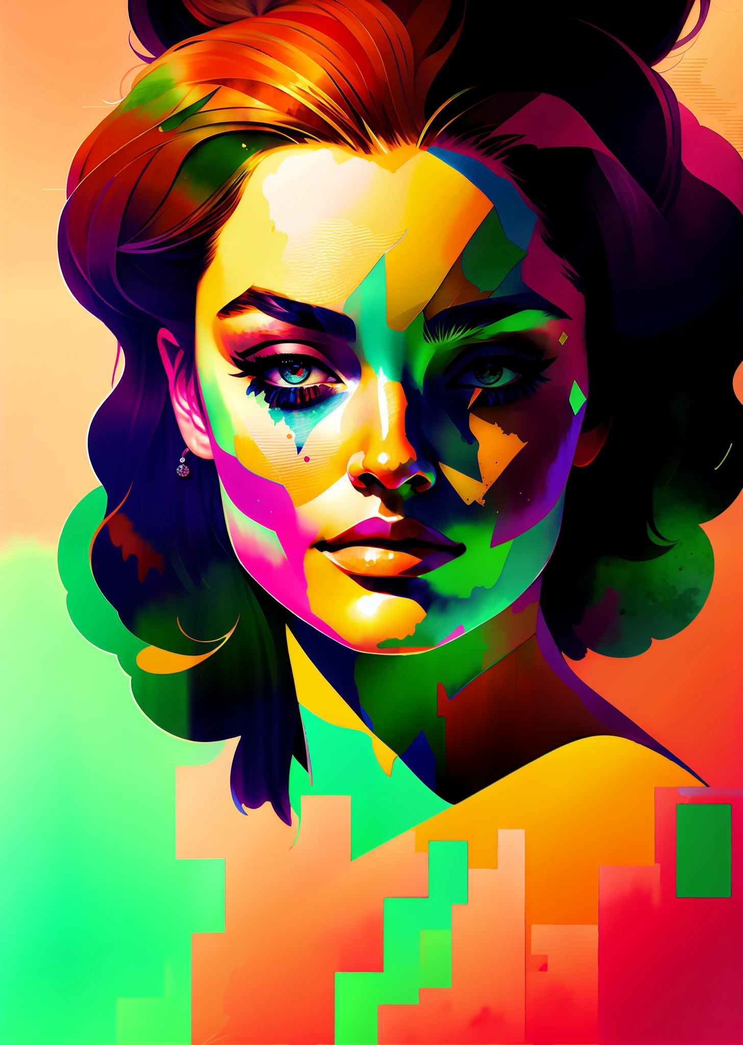 wtrcolor style, Digital art of (Margot Robie as Harley Queen) official art, frontal, smiling, masterpiece, Beautiful, watercolor, face paint, paint splatter, intricate details.