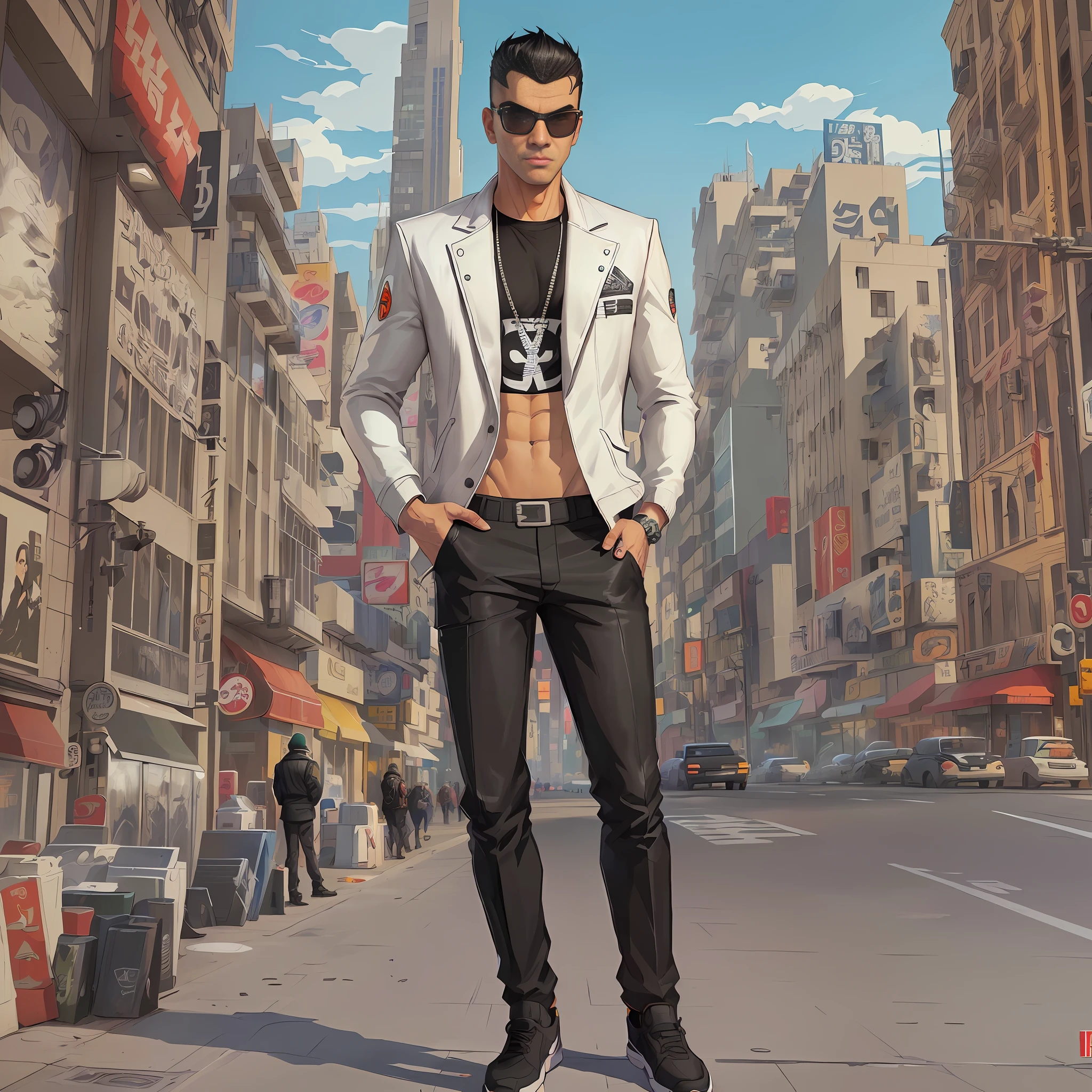 cartoon man in a white jacket and black pants standing on a city street, background artwork, gta artstyle, 2 d game art gta cover, 2d game art gta cover, gta chinatowon art style, style of gta v artworks, gta art style, gta v street style, art gta 5 comics, grand theft auto style, gta art, fashion gameplay screenshot