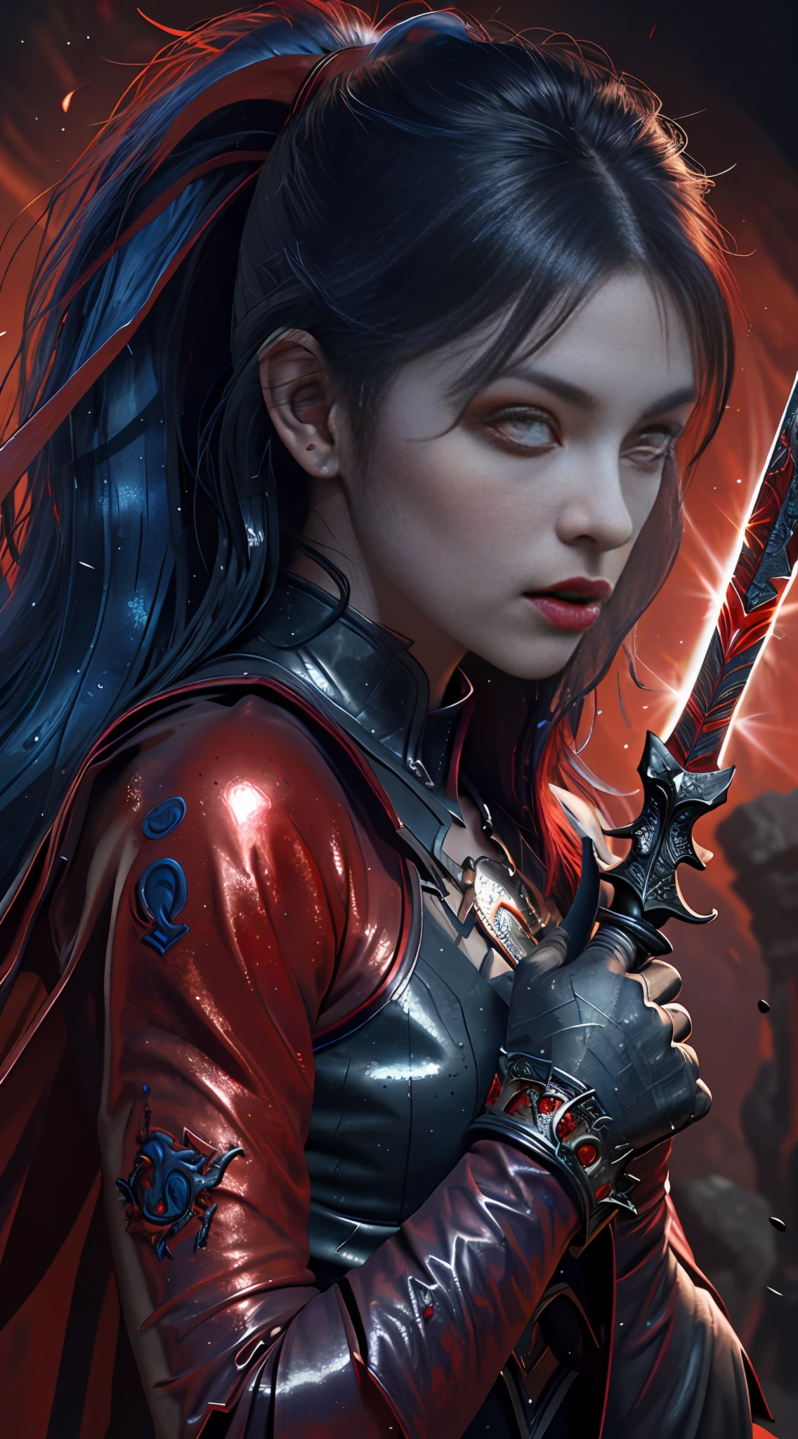 Warrior girl with a fantastic small dagger on hand, Skimpy leather clothes ,dark blue hair with red highlights, (perfect nose), (large breasts), (Best Illustration), 8k Resolution, Intricate Details, Best Quality, Realistic, Ultra Detailed, Best Lighting, Best Shadows, Ultra HD, A Necromancer style, Night, Magic, Dark Style, Vampire, (shining red eyes:1.6), masterpiece, high_res, Beautiful face, tyndall effect, photo realistic, (high detailed skin:1.2), 8k uhd, dslr, high quality, Photograph, high resolution, 4k, 8k, Bokeh, absurdres, ponytail contorted, best ratio four finger and one thumb, front view, dark blue hair gorgeous, perfect proportional skinny body, full body view, wet skin, wet clothes, dark cathedral baground scenery, Big bobs
