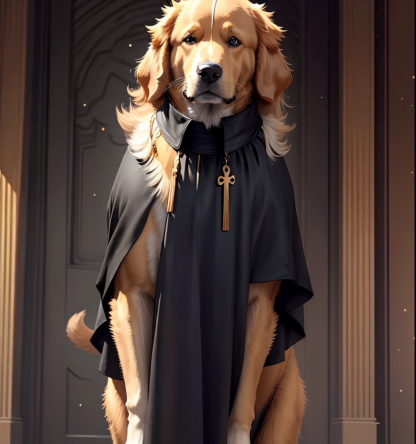 A beautiful golden retriever dog flhot, dressed like a priest, wearing an all-black tunic, his eyes shining like stars