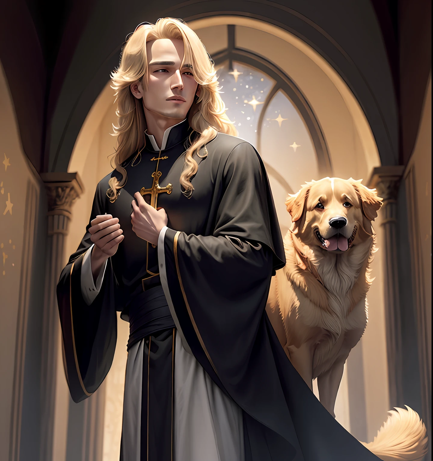 A beautiful golden retriever dog flhot, dressed like a priest, wearing an all-black tunic, his eyes shining like stars