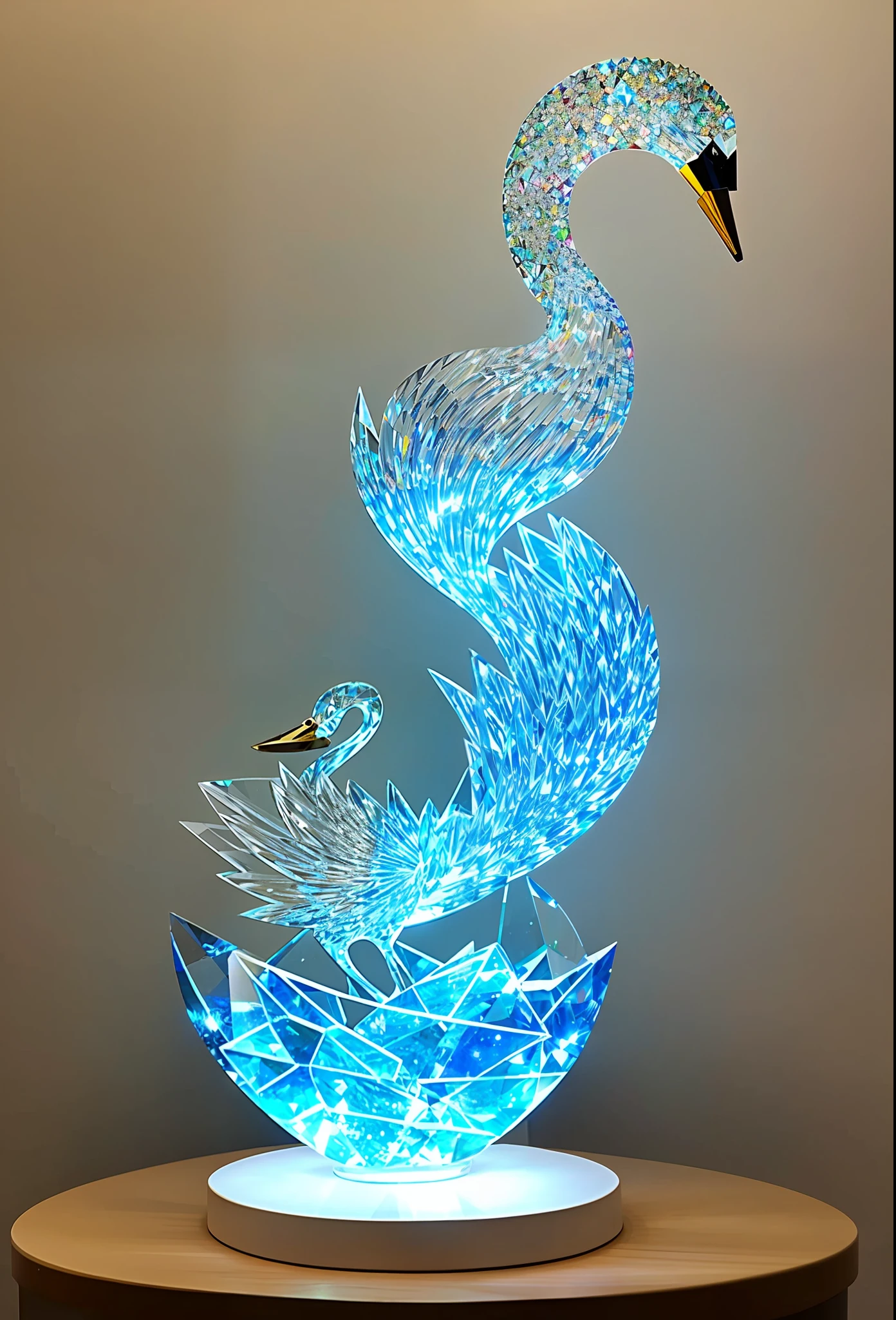 amazing, crystal sculpture, glass, swan, light diffraction, caustics, Swarovski diamond