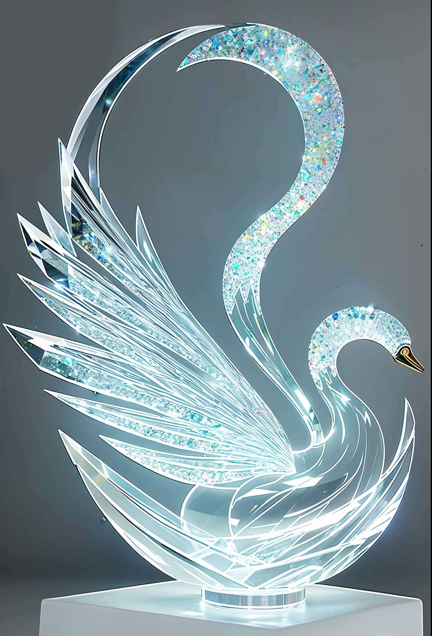 amazing, crystal sculpture, glass, swan, light diffraction, caustics, Swarovski diamond
