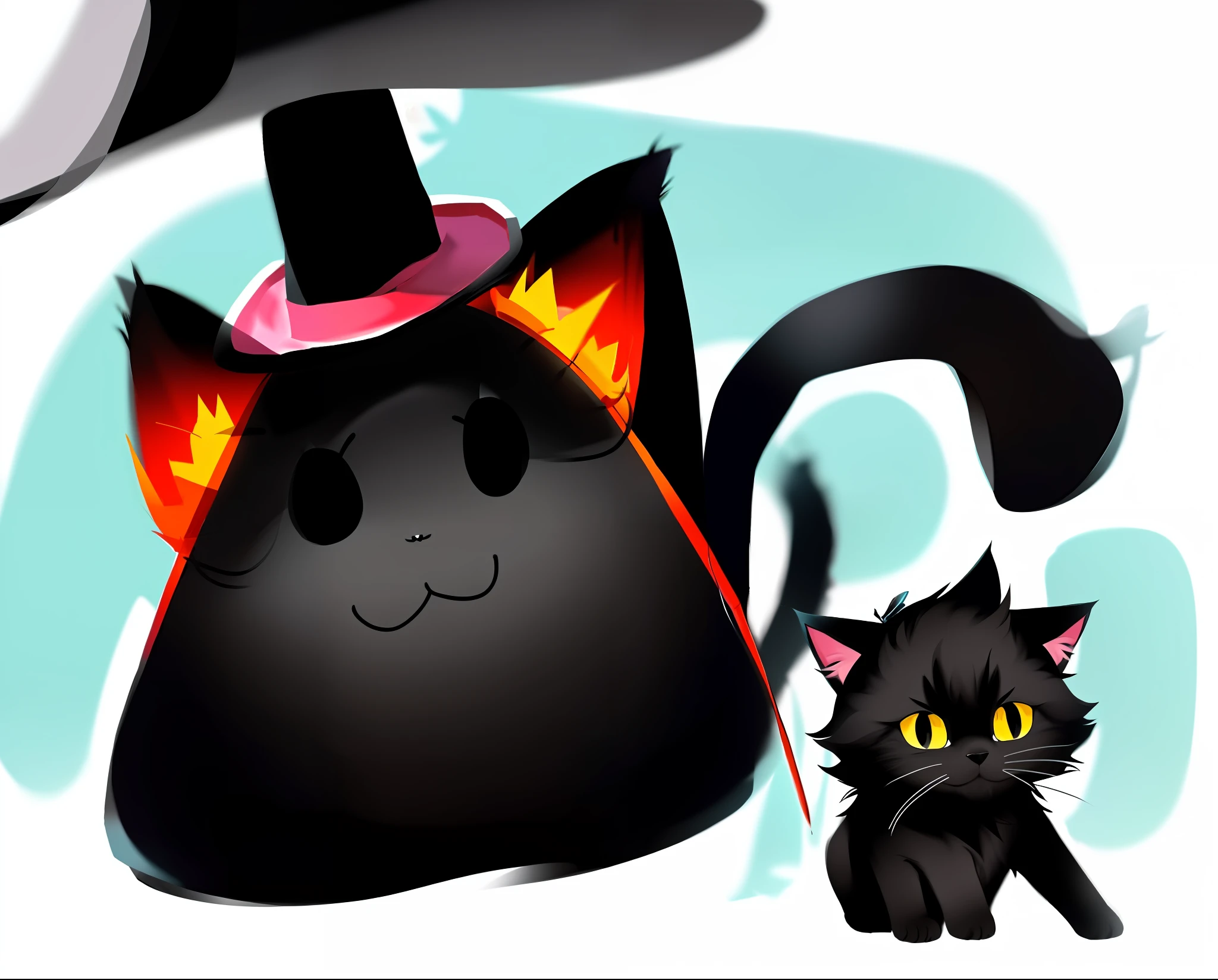drawing of a black cat with a hat and a tail, cat wearing a top hat, smol fluffy cat wearing smol hat, archwizzard in a hat, thick lineart