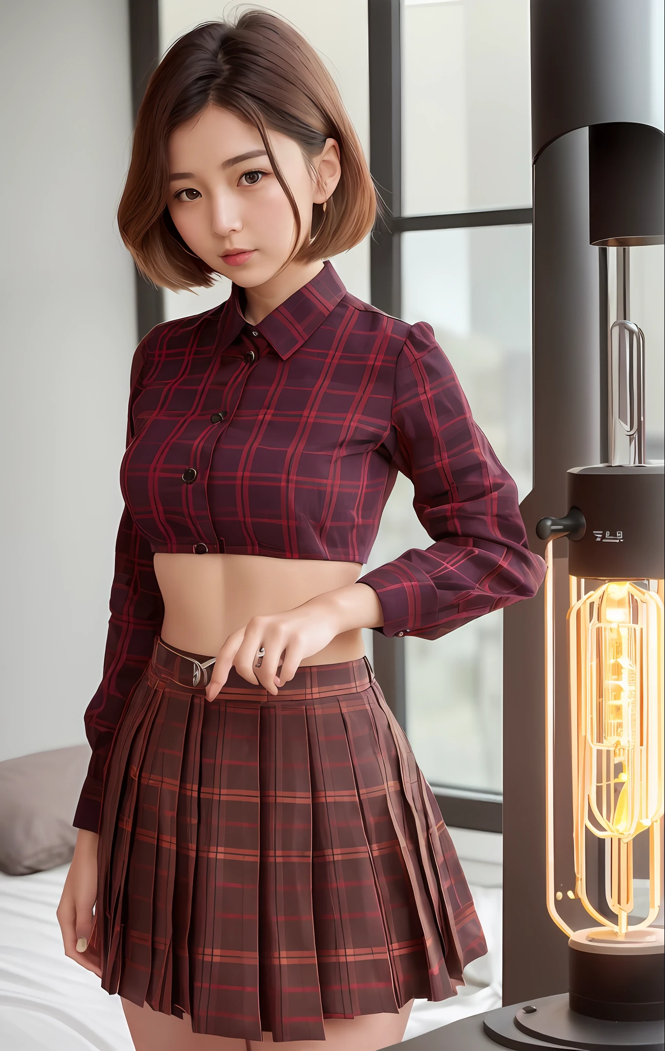 Postapocalypse, (one Polish girl, hairstyle in her 50s), toned physique, (elegant and beautiful face), (retrofuturism), mechanical, gear, (detailed skin), (oil: 0.6), (Tesla coil: 0.4), (nixie tube: 0.8), complex (very detailed, very detailed, complex), (bloom: 0.4), soft lighting, ( Side Lighting: 0.8), Shadowcasting, Full Body, Open Pose, Zoom Out, Leica 10772 M-P, 85mm Macro Lens, F/8 Aperture, Film Still, (Student, Sexy), Short Hair, Fashionable Clothes, Y2K (Sleep on Bed, Face Down, Sleep Face Down, Sleep Face Down, Details) bedroom)), lora: KoreanDolllikeness_V 15:0.4 >, nsfw, (cool), from below, (very elaborate face) (very elaborate and expressive eyes), fine, fine details, exhibitionism, (Japan student uniform, plaid pleated skirt) Exposed putting on and detaching, chest out, outdoor viewership