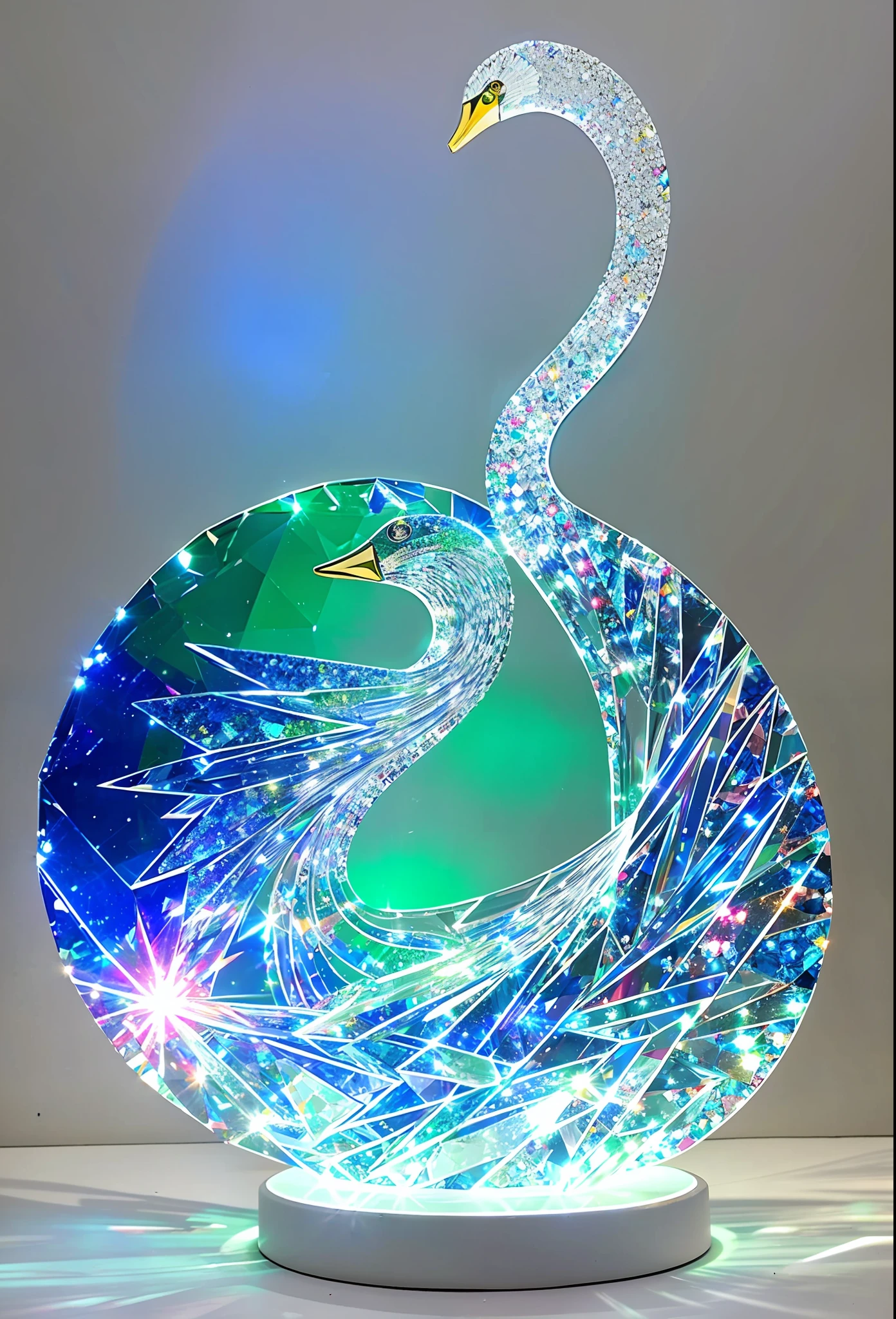 amazing, crystal sculpture, glass, swan, light diffraction, caustics, Swarovski diamond