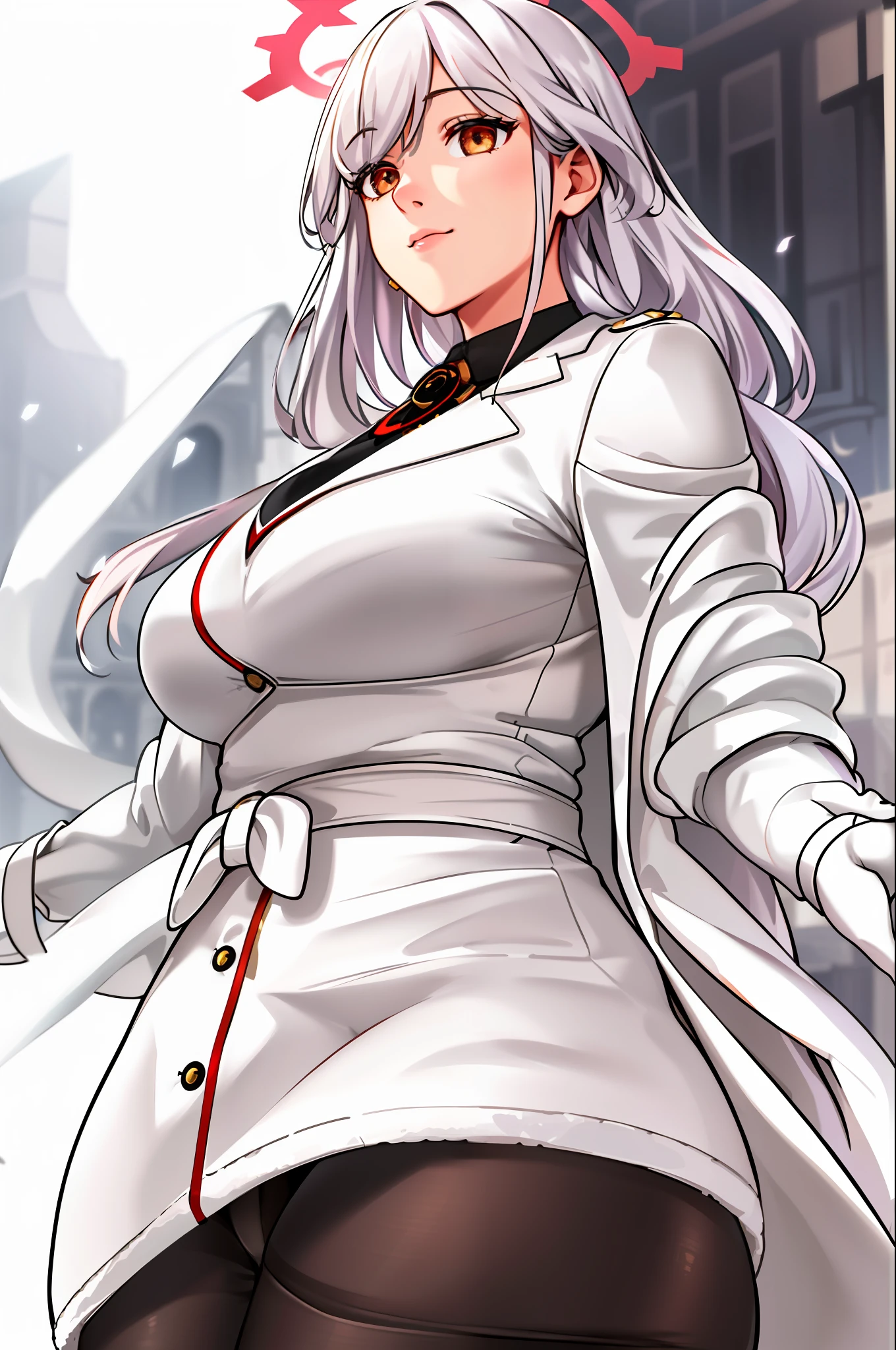 intricate details, cinematic light, 1girl, high resolution illustration, (masterpiece:1.5), (best quality:1.2), (beautiful background:1.2), detailed background, standing, (white coat:1.5), (black pantyhose:1.3), halo, tomoe_(blue_archive),