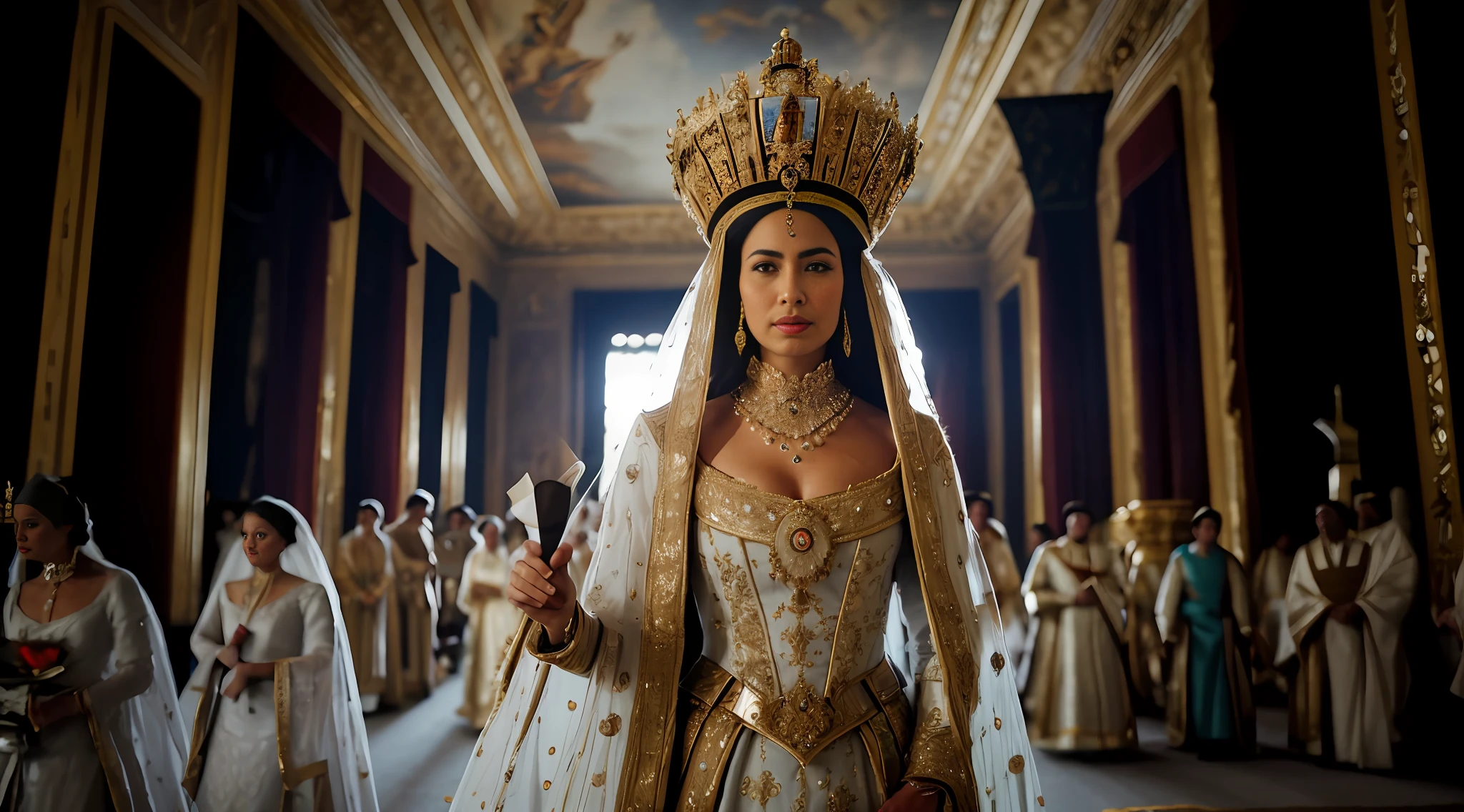 In a captivating image, the camera focuses on the Empress in her royal outfit, surrounded by an opulent palace grandeur. The intricate details of the costumes shine, reflecting the film's commitment to historical accuracy. Soft, natural lighting highlights rich textures and bright colors. Shot with precision using a Hasselblad camera and a prime lens, this photograph exudes historical authenticity and visual grandeur. Raw style
