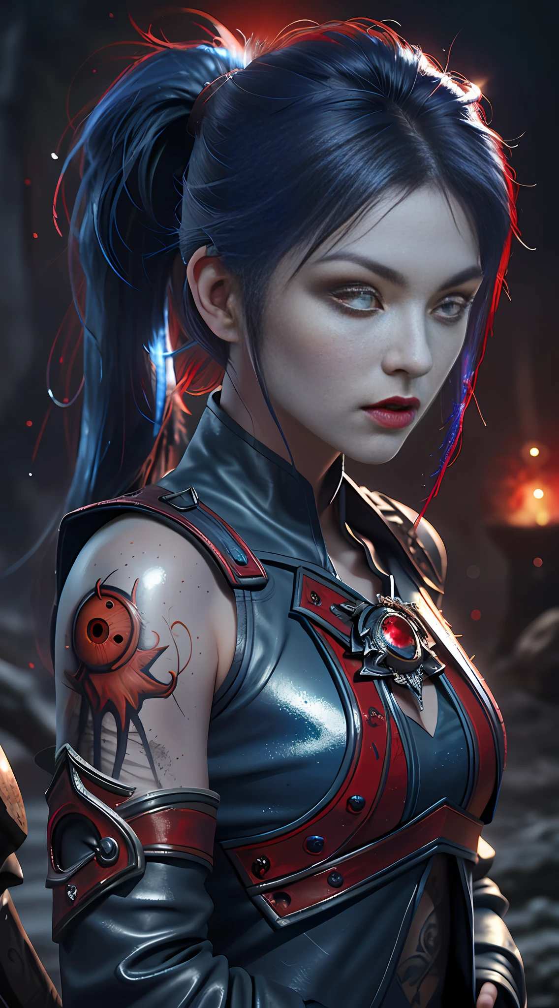 Warrior girl with a fantastic small dagger on hand,  Skimpy leather clothes ,dark blue hair with red highlights, (perfect nose), (large breasts), (Best Illustration), 8k Resolution, Intricate Details, Best Quality, Realistic, Ultra Detailed, Best Lighting, Best Shadows, Ultra HD, A Necromancer style, Night, Magic, Dark Style, Vampire, (shining red eyes:1.6), masterpiece, high_res, Beautiful face, tyndall effect, photo realistic, (high detailed skin:1.2), 8k uhd, dslr, high quality, Photograph, high resolution, 4k, 8k, Bokeh, absurdres, ponytail contorted, best ratio four finger and one thumb, front view, dark blue hair gorgeous, perfect proportional skinny body, full body view, wet skin, wet clothes, dark cathedral baground scenery, Big bobs