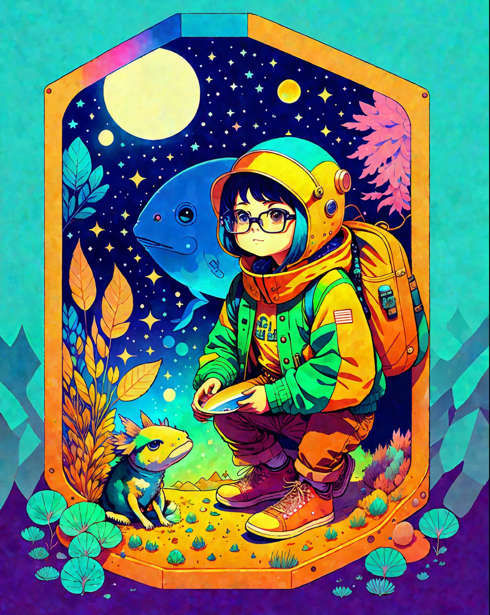 photo of a explorer with an axolotl as a pet inside the space with a psychedelic backgroun, style of laurie greasley, studio ghibli, akira toriyama, james gilleard, genshin impact, trending pixiv fanbox, acrylic palette knife, 4k, vibrant colors, devinart, trending on artstation, low details