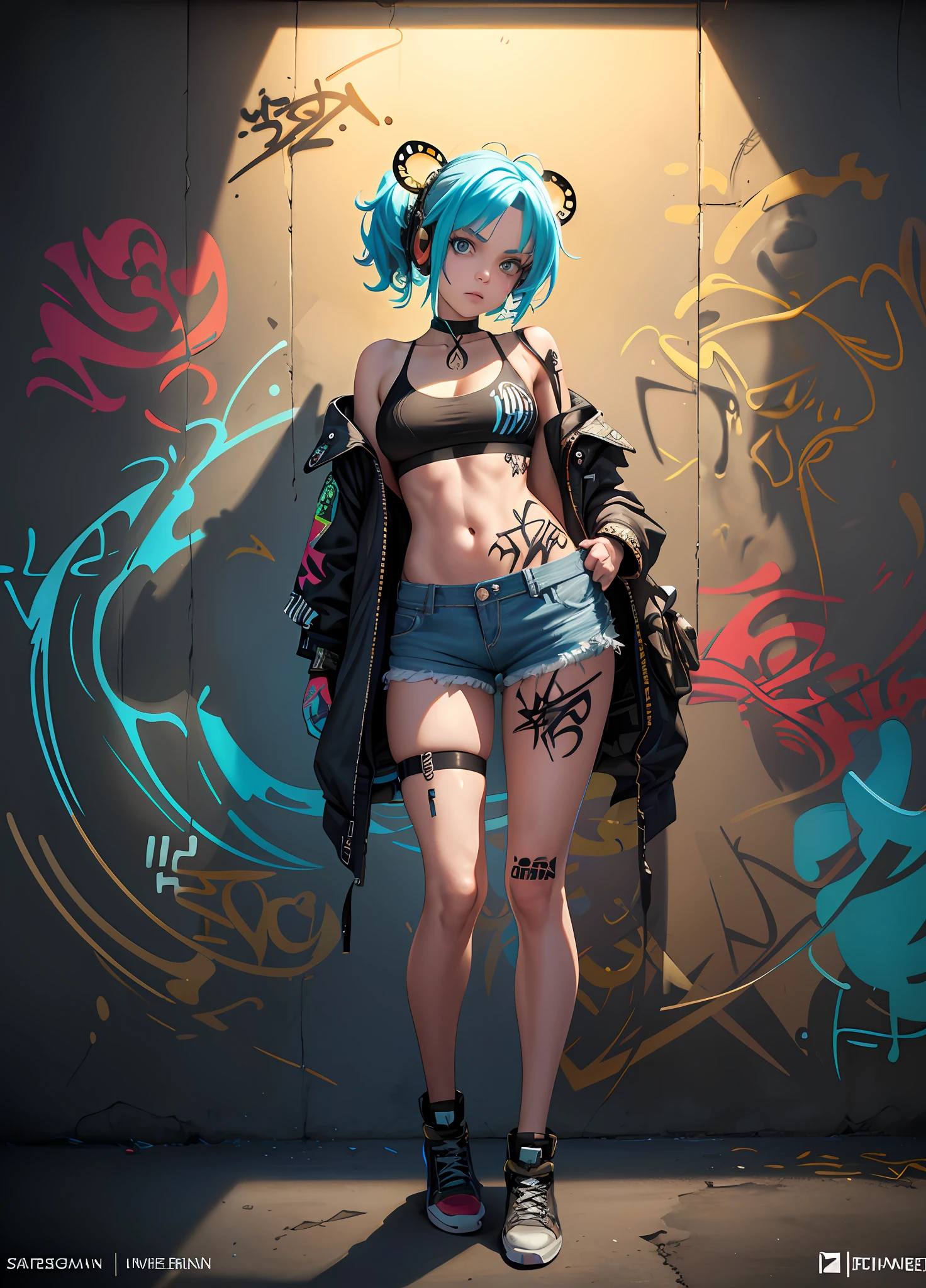(Masterpiece),(Curesky), by jamie christopher hewlett, Unzoomed, ((tank girl)), ((( Full body))), (cloth less),Pretty Cure!,(Cute face), Big bust,Very cute,Beautiful woman,Beautiful face, happy, Full body, Beautiful realistic waifu style girl, hyperdetailed painting, luminism, art by Carne Griffiths and Wadim Kashin concept art, 8k resolution, fractal isometrics details bioluminescence , octane render, intricately detailed , cinematic, trending on artstation, cyberpunk desert, pop, Isometric Centered hyperrealistic cover photo awesome full color , gritty, realistic mucha , intricate, hit definition , cinematic,Rough sketch, bold lines, on paper, ethereal background, abstract beauty,stand, approaching perfection, pure form, Golden ratio, minimalistic, unfinished, concept art, intricate details, 8k post production, high resolution, hyperdetailed, trending on artstation, sharp focus, studio photo, intricate details, highly detailed, Pixar Studio style, punks, pop,masterpiece, best quality, 1girl, solo, crop top, denim shorts, choker, (graffiti:1.5), paint splatter, arms behind back, against wall, looking at viewer, armband, thigh strap, paint on body, head tilt, bored, multicolored hair, aqua eyes, headset,