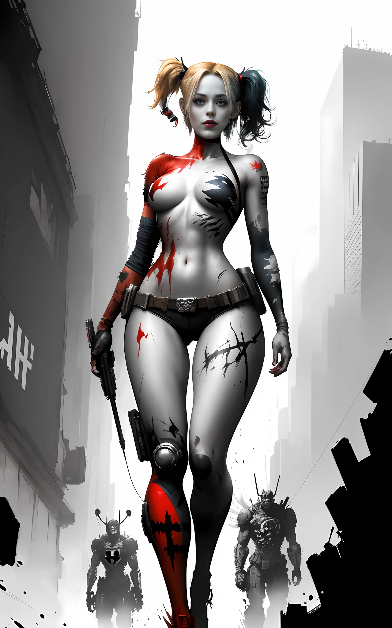 movie scene, a masterpiece ((apocalyptic harley quinn girl))), slender body with large breasts, breasts down, firm breasts, walking with a giant destroyed robot behind, full body, Kim Jung gi, freedom, soul, digital illustration, sci-fi, perfect anatomy whole body, centered, approaching perfection, dynamic, highly detailed, watercolor painting, art station, concept art, smooth, sharp focus,  illustration, art by Carne Griffiths and Wadim Kashin, unique, award-winning, masterpiece