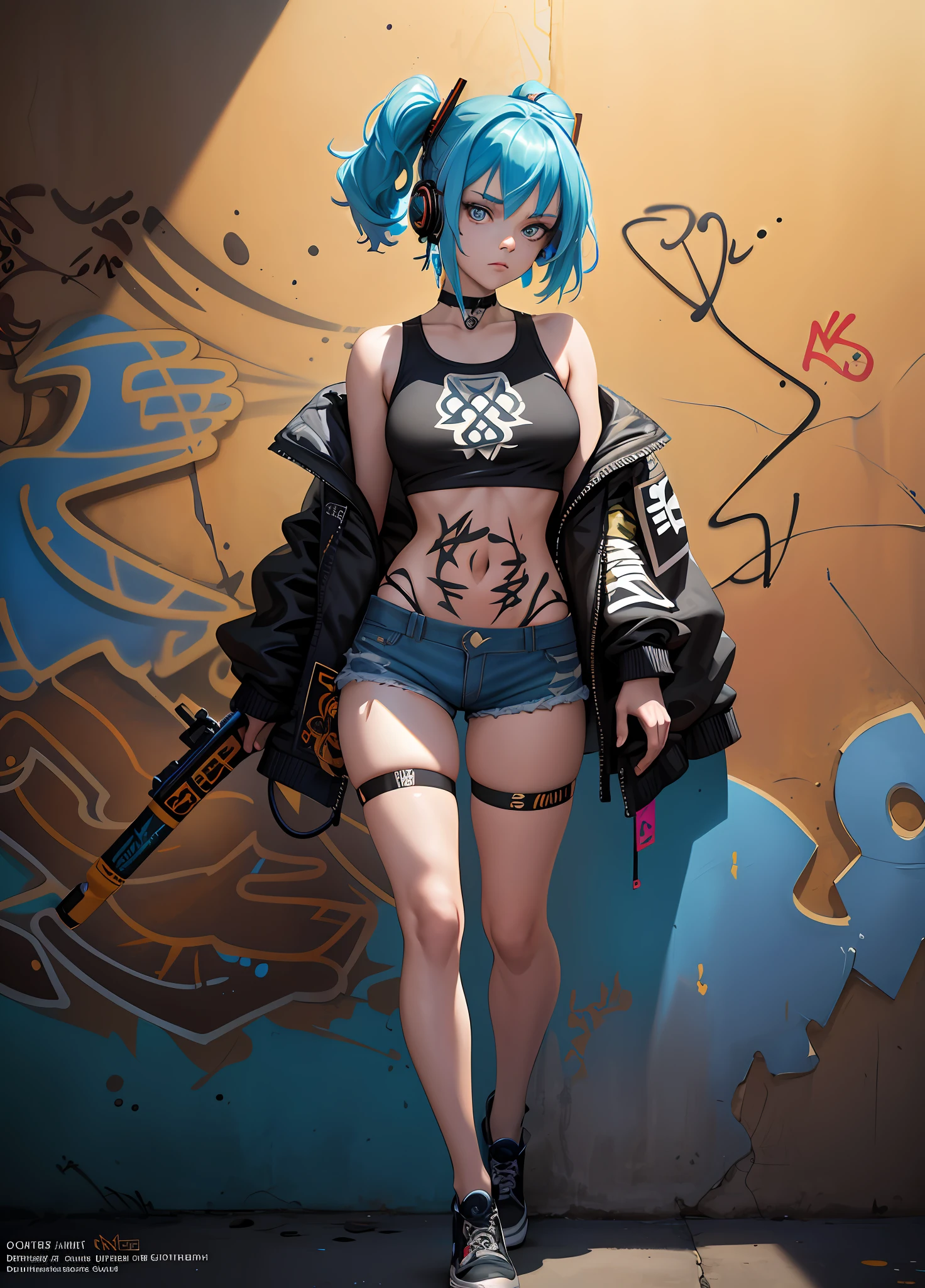 (Masterpiece),(Curesky), by jamie christopher hewlett, Unzoomed, ((tank girl)), ((( Full body))), (cloth less),Pretty Cure!,(Cute face), Big bust,Very cute,Beautiful woman,Beautiful face, happy, Full body, Beautiful realistic waifu style girl, hyperdetailed painting, luminism, art by Carne Griffiths and Wadim Kashin concept art, 8k resolution, fractal isometrics details bioluminescence , octane render, intricately detailed , cinematic, trending on artstation, cyberpunk desert, pop, Isometric Centered hyperrealistic cover photo awesome full color , gritty, realistic mucha , intricate, hit definition , cinematic,Rough sketch, bold lines, on paper, ethereal background, abstract beauty,stand, approaching perfection, pure form, Golden ratio, minimalistic, unfinished, concept art, intricate details, 8k post production, high resolution, hyperdetailed, trending on artstation, sharp focus, studio photo, intricate details, highly detailed, Pixar Studio style, punks, pop,masterpiece, best quality, 1girl, solo, crop top, denim shorts, choker, (graffiti:1.5), paint splatter, arms behind back, against wall, looking at viewer, armband, thigh strap, paint on body, head tilt, bored, multicolored hair, aqua eyes, headset,