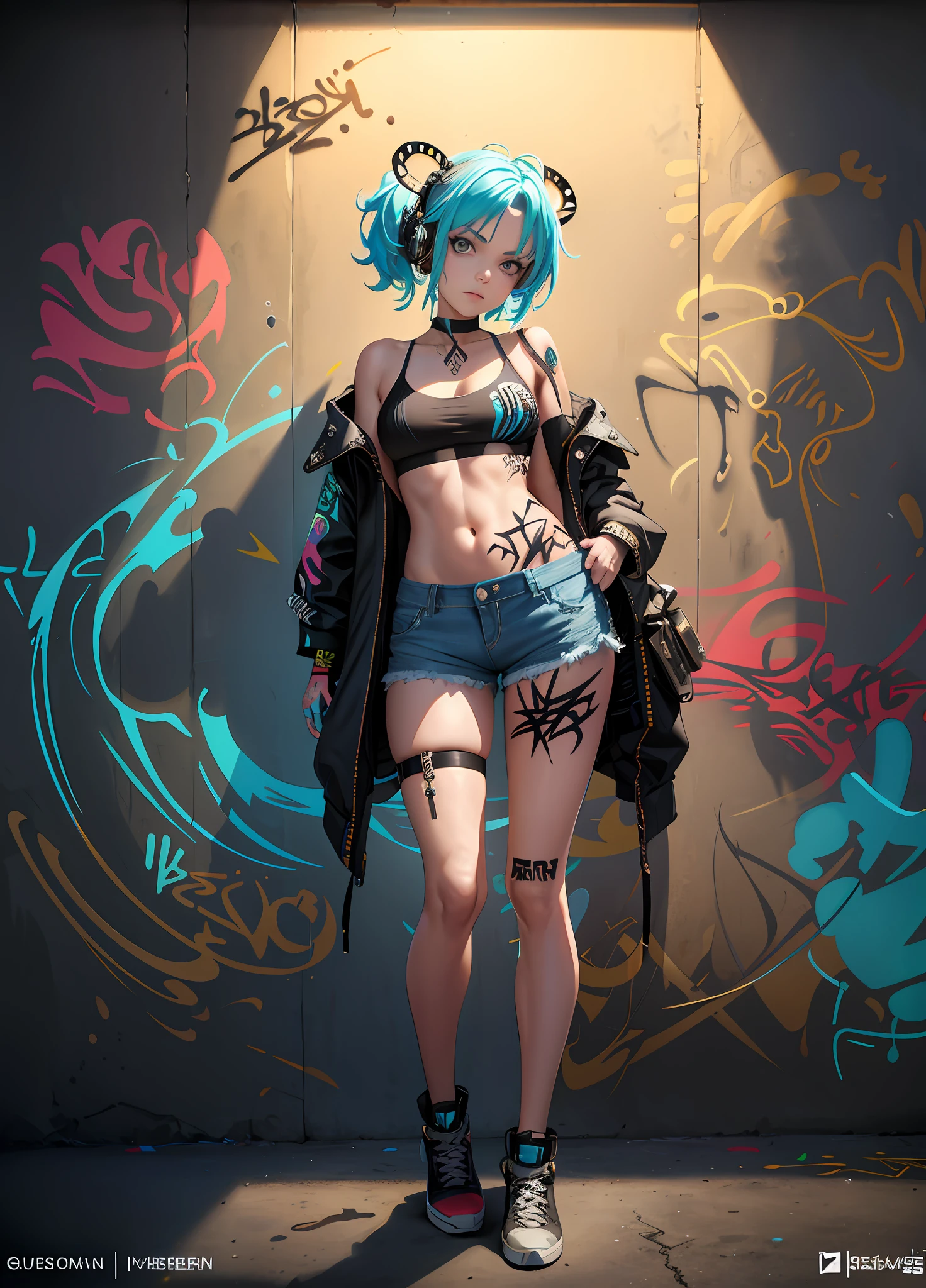 (Masterpiece),(Curesky), by jamie christopher hewlett, Unzoomed, ((tank girl)), ((( Full body))), (cloth less),Pretty Cure!,(Cute face), Big bust,Very cute,Beautiful woman,Beautiful face, happy, Full body, Beautiful realistic waifu style girl, hyperdetailed painting, luminism, art by Carne Griffiths and Wadim Kashin concept art, 8k resolution, fractal isometrics details bioluminescence , octane render, intricately detailed , cinematic, trending on artstation, cyberpunk desert, pop, Isometric Centered hyperrealistic cover photo awesome full color , gritty, realistic mucha , intricate, hit definition , cinematic,Rough sketch, bold lines, on paper, ethereal background, abstract beauty,stand, approaching perfection, pure form, Golden ratio, minimalistic, unfinished, concept art, intricate details, 8k post production, high resolution, hyperdetailed, trending on artstation, sharp focus, studio photo, intricate details, highly detailed, Pixar Studio style, punks, pop,masterpiece, best quality, 1girl, solo, crop top, denim shorts, choker, (graffiti:1.5), paint splatter, arms behind back, against wall, looking at viewer, armband, thigh strap, paint on body, head tilt, bored, multicolored hair, aqua eyes, headset,