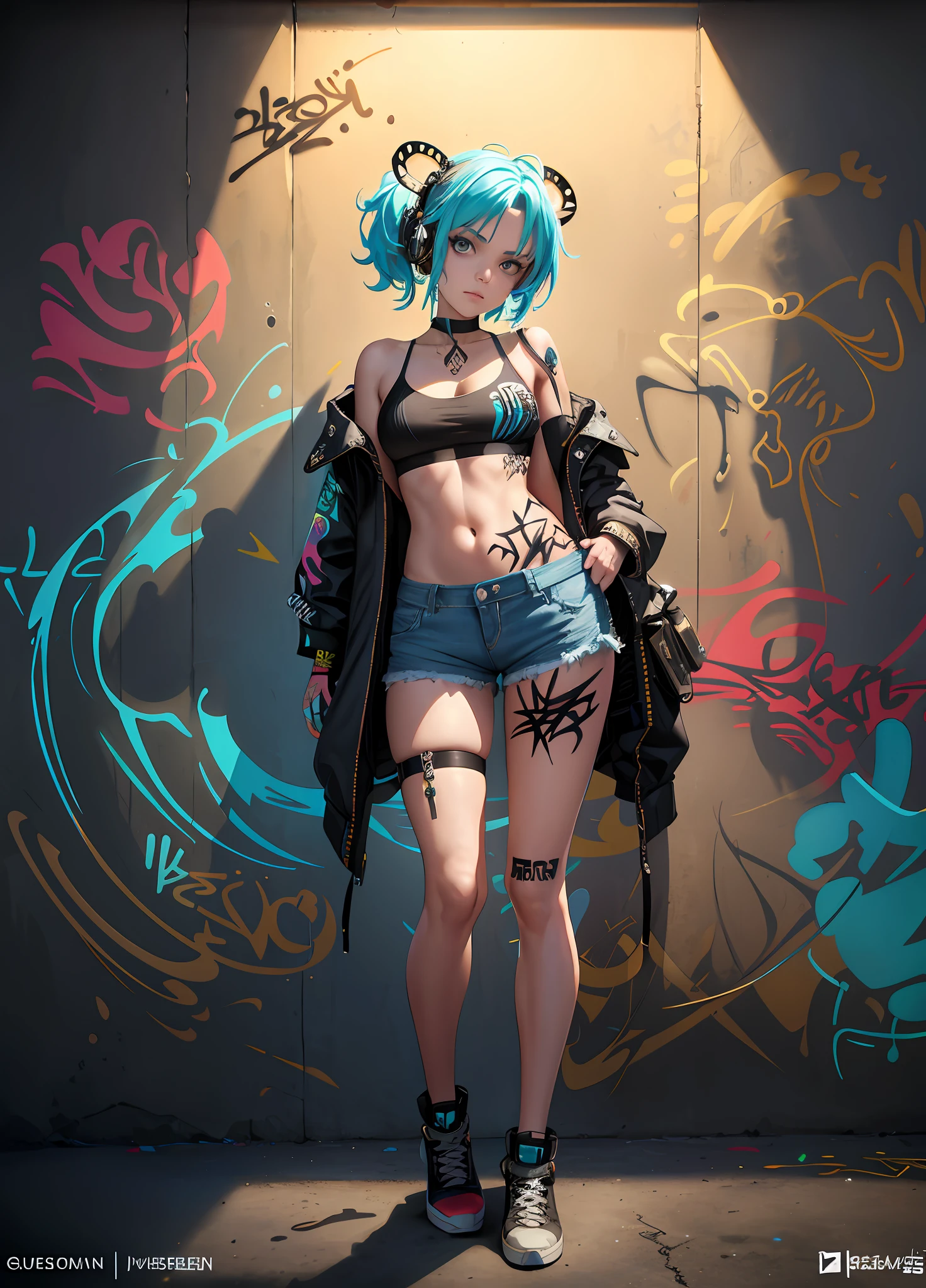 (Masterpiece),(Curesky), by jamie christopher hewlett, Unzoomed, ((tank girl)), ((( Full body))), (cloth less),Pretty Cure!,(Cute face), Big bust,Very cute,Beautiful woman,Beautiful face, happy, Full body, Beautiful realistic waifu style girl, hyperdetailed painting, luminism, art by Carne Griffiths and Wadim Kashin concept art, 8k resolution, fractal isometrics details bioluminescence , octane render, intricately detailed , cinematic, trending on artstation, cyberpunk desert, pop, Isometric Centered hyperrealistic cover photo awesome full color , gritty, realistic mucha , intricate, hit definition , cinematic,Rough sketch, bold lines, on paper, ethereal background, abstract beauty,stand, approaching perfection, pure form, Golden ratio, minimalistic, unfinished, concept art, intricate details, 8k post production, high resolution, hyperdetailed, trending on artstation, sharp focus, studio photo, intricate details, highly detailed, Pixar Studio style, punks, pop,masterpiece, best quality, 1girl, solo, crop top, denim shorts, choker, (graffiti:1.5), paint splatter, arms behind back, against wall, looking at viewer, armband, thigh strap, paint on body, head tilt, bored, multicolored hair, aqua eyes, headset,