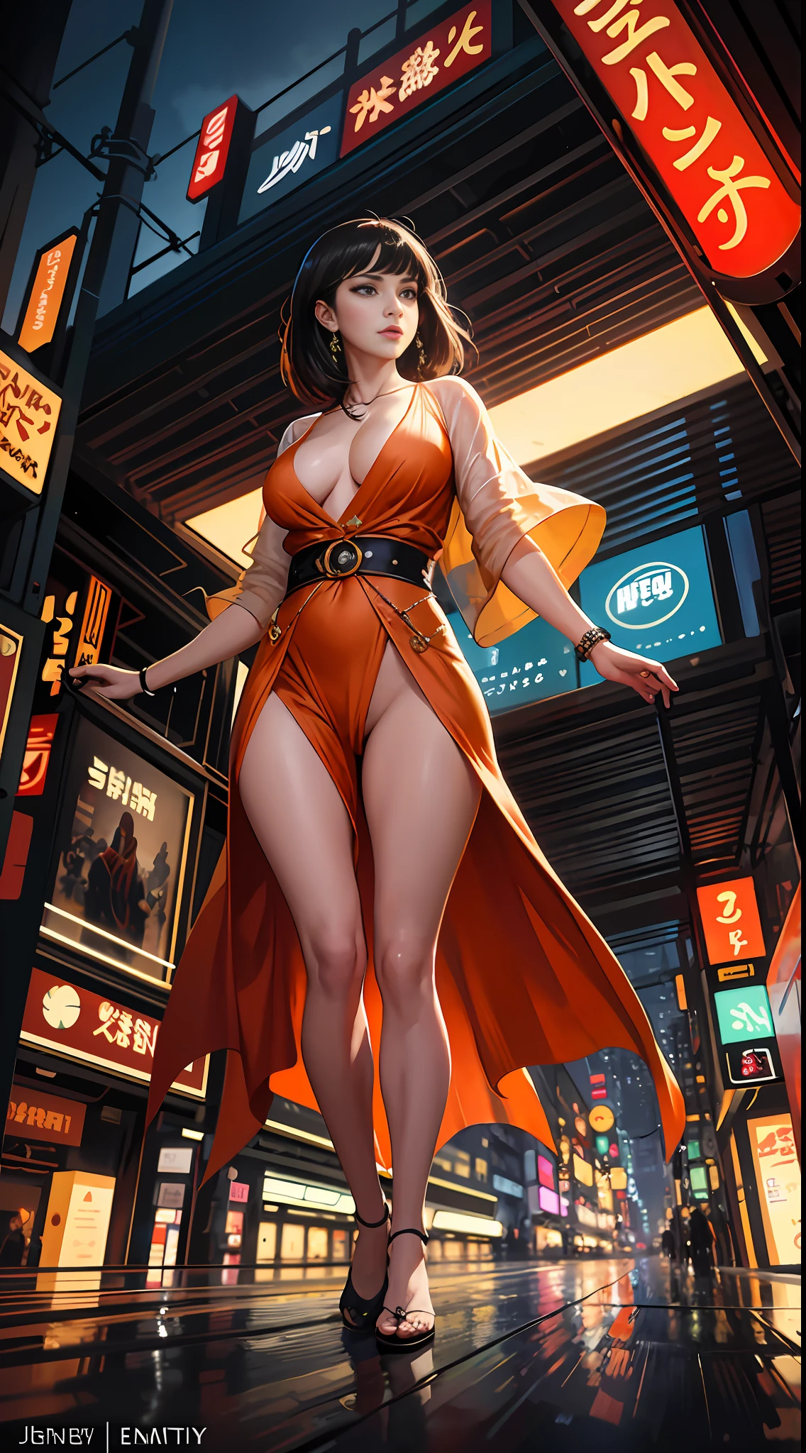 full body photo of the most beautiful artwork in the world, large breasts, transparent clothing, featuring a modern woman (scarlett), sexy, big eyes, futuristic look of urban Tokyo, neon lights, night, slow motion, reflections, orange raincoat, intricate details, nostalgia, majestic professional heart oil painting by Ed Blinkey, Atey Ghailan, Studio Ghibli, by Jeremy Mann, Greg Manchess, Antonio Moro, trend at ArtStation, trend at CGSociety, Intricate, High Detail, Sharp Focus, dramatic and photorealistic art by Midjourney and Greg Rutkowski