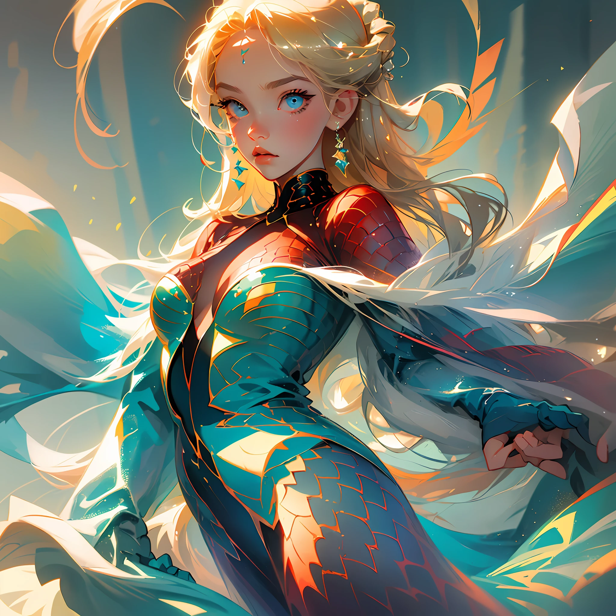 Perfect masterpiece, highest image quality, perfect art style, 8K, full body lens, front portrait, delicate face, close-up, gaze at the whole scene, mermaid girl, magic transparent eyes, blonde, red background, digital art, graphic illustration, pixel illustration, simple style, anime cartoon style
