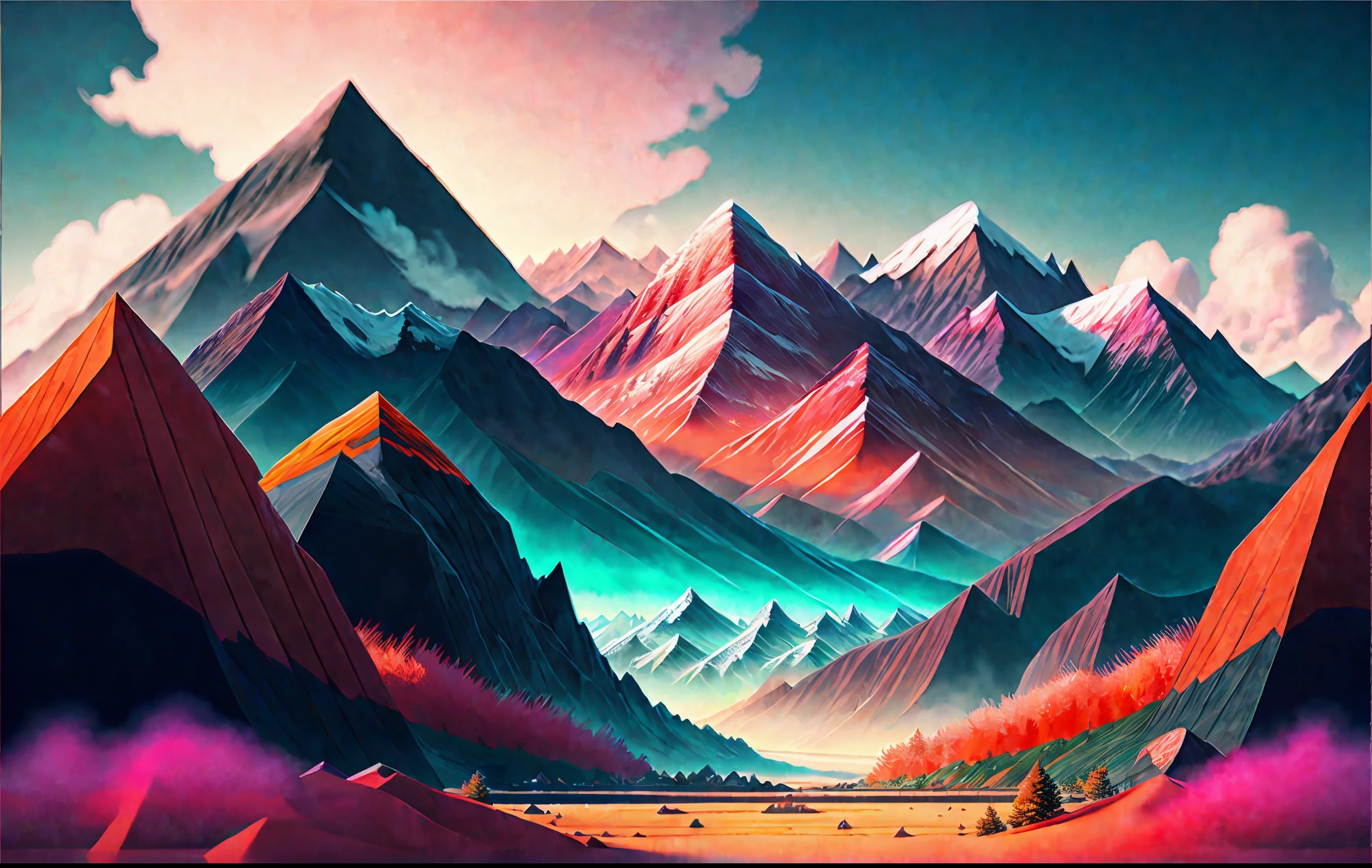 A stunning view of the mountains from the perspective of a giant, colourful, 8K, ultra realistic, highly detailed, octane render, unreal engine, symmetrical, insane lighting, studio photo, amazing view, unreal 5, isometric, digital art, smog, pollution, toxic waste, chimneys and railroads, 3 d render, octane render, volumetrics, by greg rutkowski