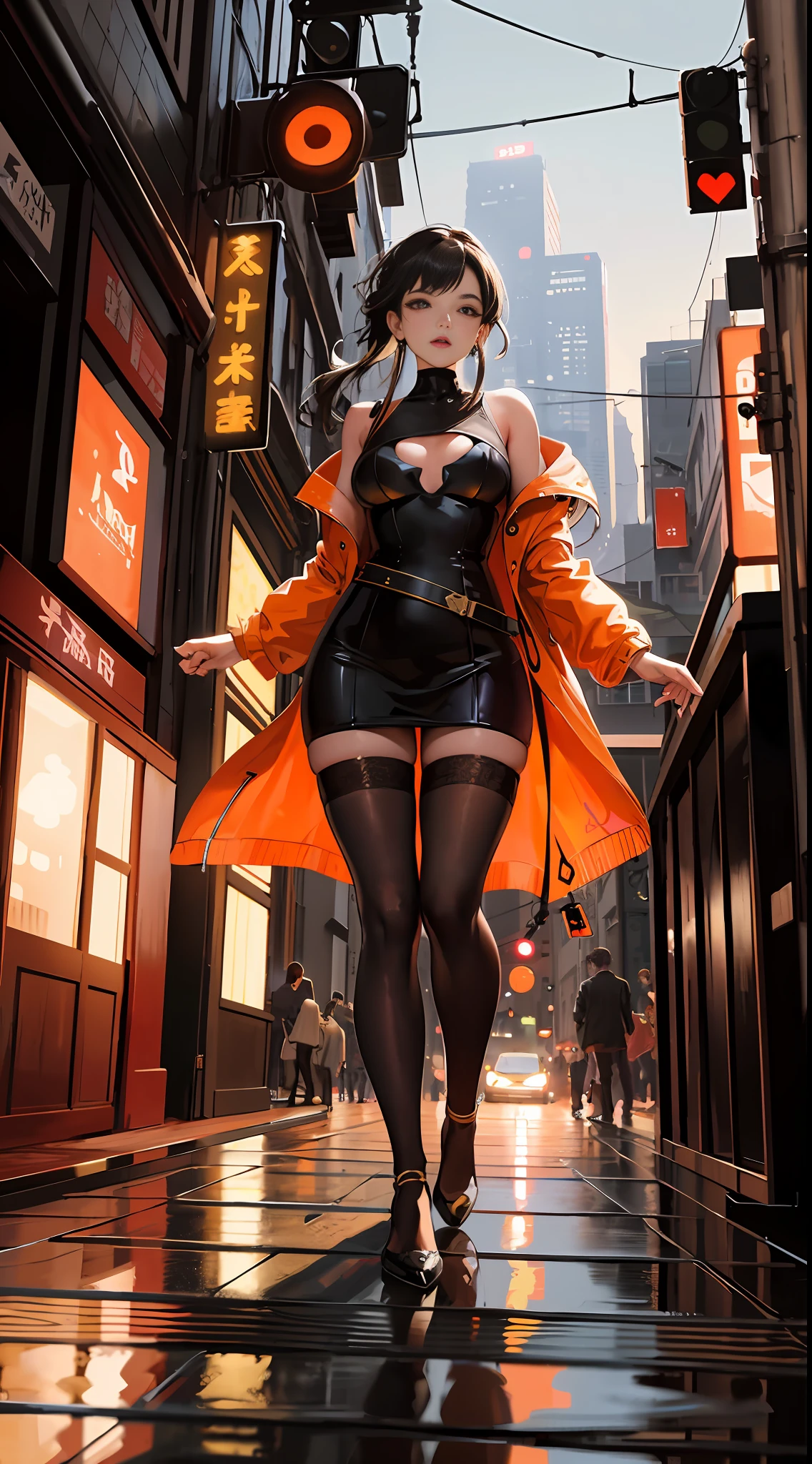 full body photo of the most beautiful artwork in the world, large breasts, transparent clothing, featuring a modern woman (scarlett), sexy, big eyes, futuristic look of urban Tokyo, neon lights, night, slow motion, reflections, orange raincoat, intricate details, nostalgia, majestic professional heart oil painting by Ed Blinkey, Atey Ghailan, Studio Ghibli,  by Jeremy Mann, Greg Manchess, Antonio Moro, trend at ArtStation, trend at CGSociety, Intricate, High Detail, Sharp Focus, dramatic and photorealistic art by Midjourney and Greg Rutkowski