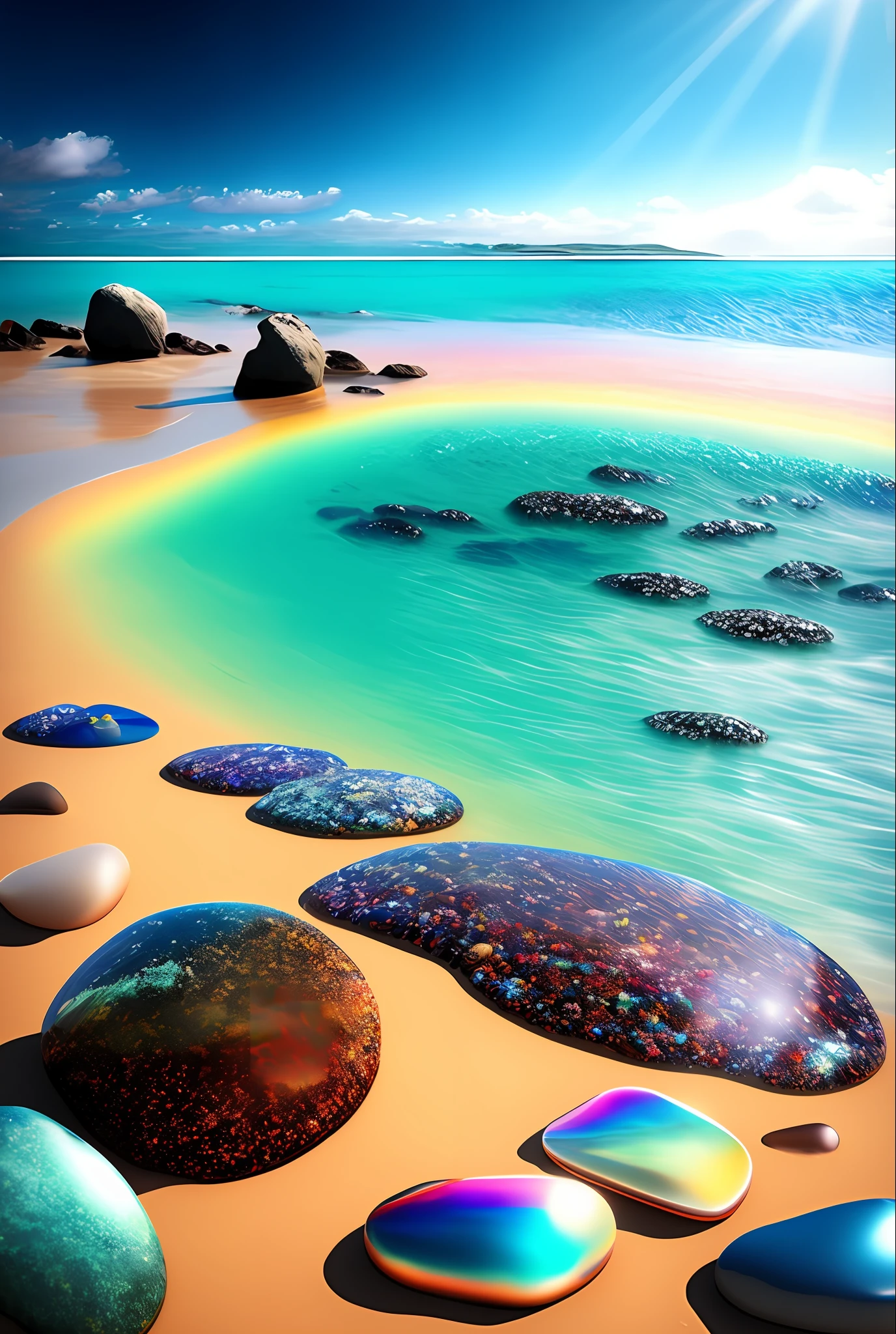 East Pole Island, Beach, Tide, Waves, Noon, Sunny, Transparent Pebbles, Ultra-realistic, Surreal, 16k HD, Rainbow Umbrella,