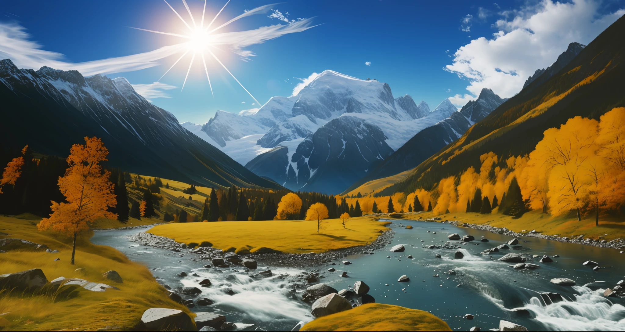 detailed background, masterpiece, best quality, scenery, mountains, river, forest, sun, day, clouds
