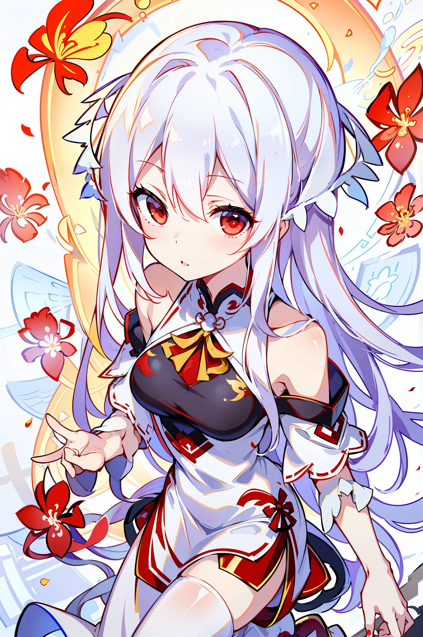 (masterpiece), best quality, ultra-detailed, extremely delicate and beautiful, floating, high resolution, elegant qipao dress,(1 girl), white hair, (red eyes:1.2), thrilling gaze, dynamic pose, (white and red flowers), (clouds and mist), watercolor, beautiful and vivid depiction.