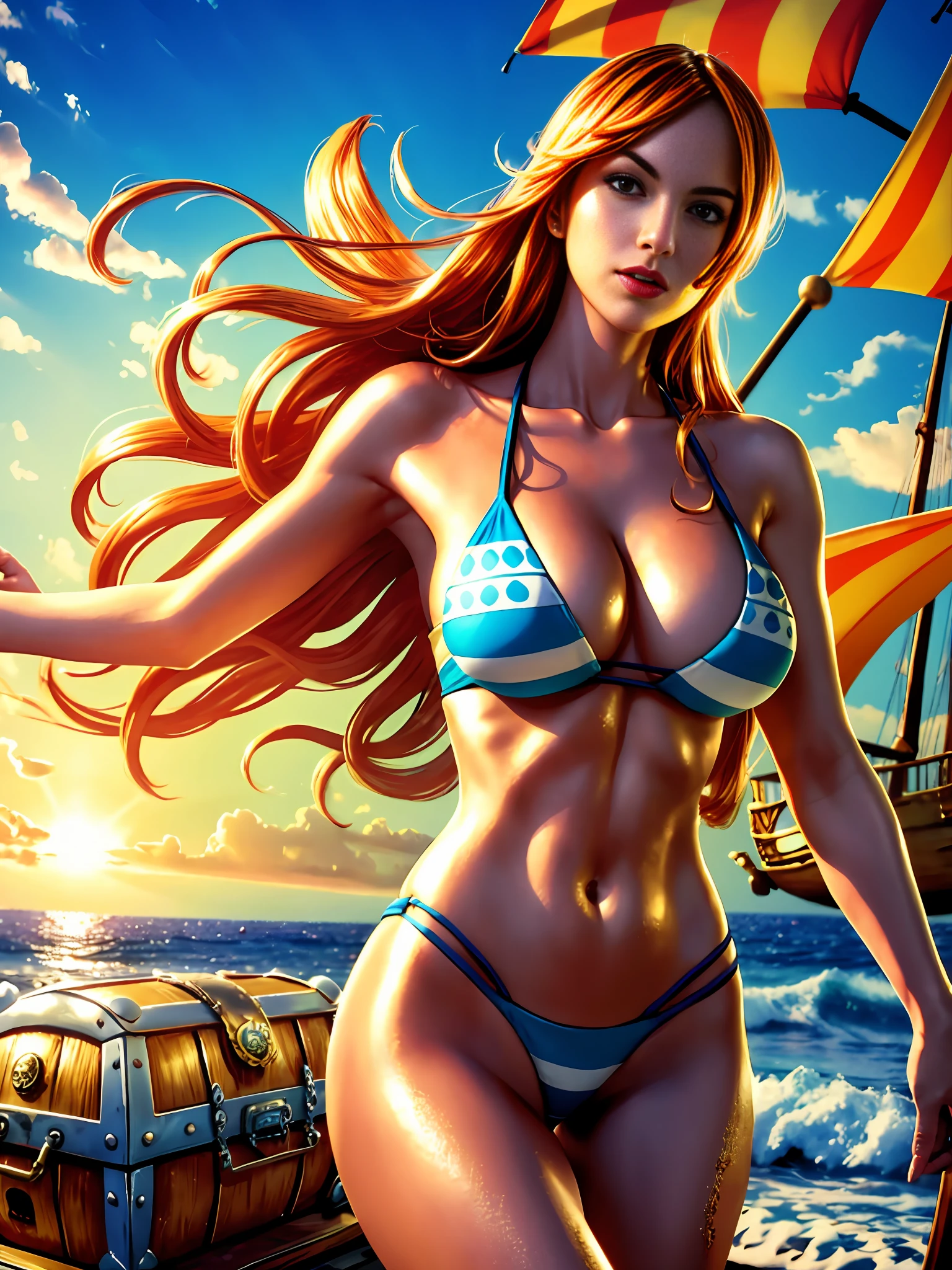 extremely beautiful Nami \(one piece\), subtle makeup, golden hour, photorealistic, high contrast, 8k HD, detailed, hyper-detailed, fair skin, realistic skin texture, orange long hair, cyan swim suit, large breast, best quality, ultra high res, raw photo, dramatic lighting, unreal engine, diffuse glow, outdoor, realistic detailed one piece pirate ship, treasure chest, gold, gold coins, gold bars.