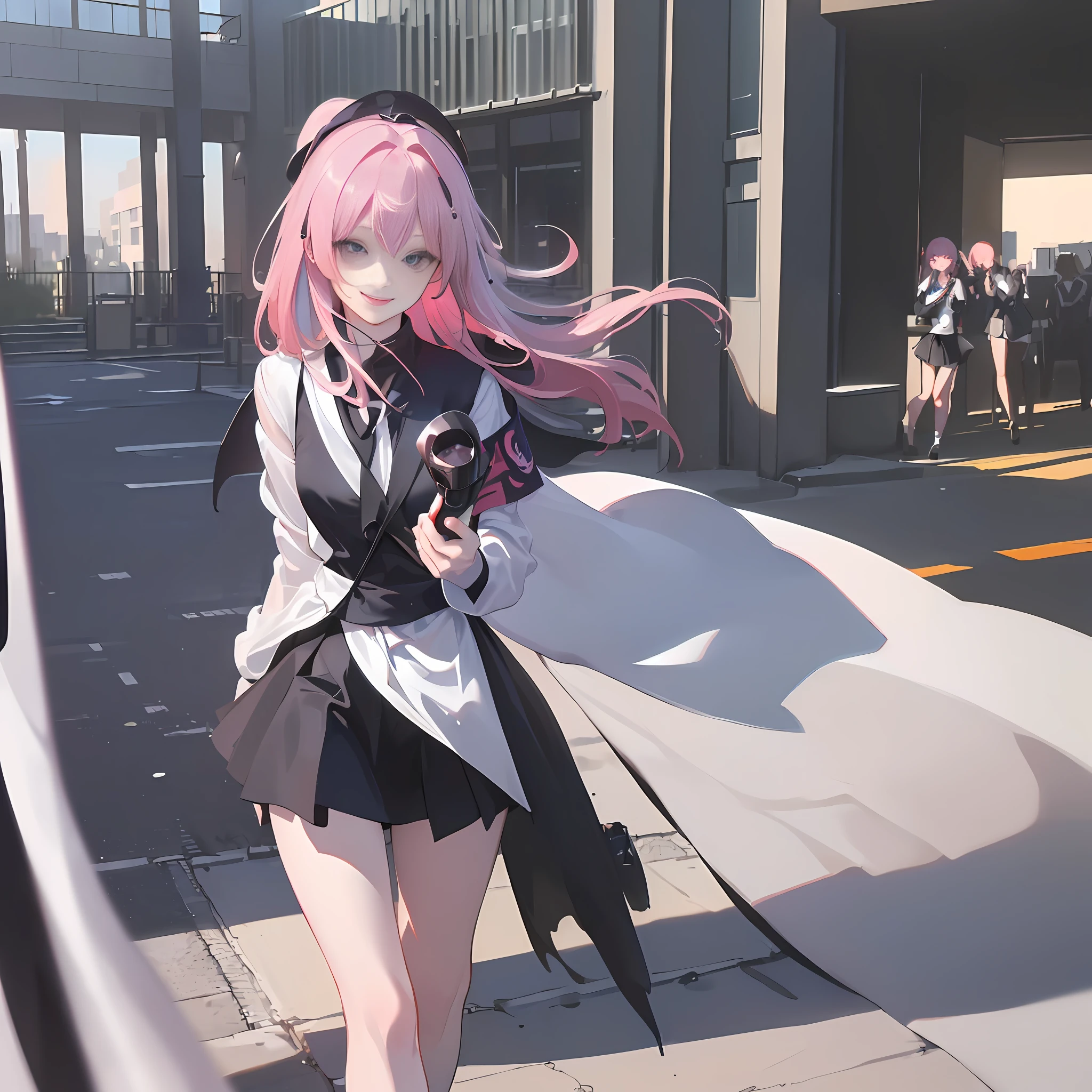 ((((Masterpiece))), Best Quality, Photorealistic Photorealistic, Extreme Photofidelity, ((Black Silk: 1.2) | (White silk), eyes looking directly into the camera, in front of the school building, (8k HD), JK uniform, miniskirt, pink hair, smiling with an airplane cup. "