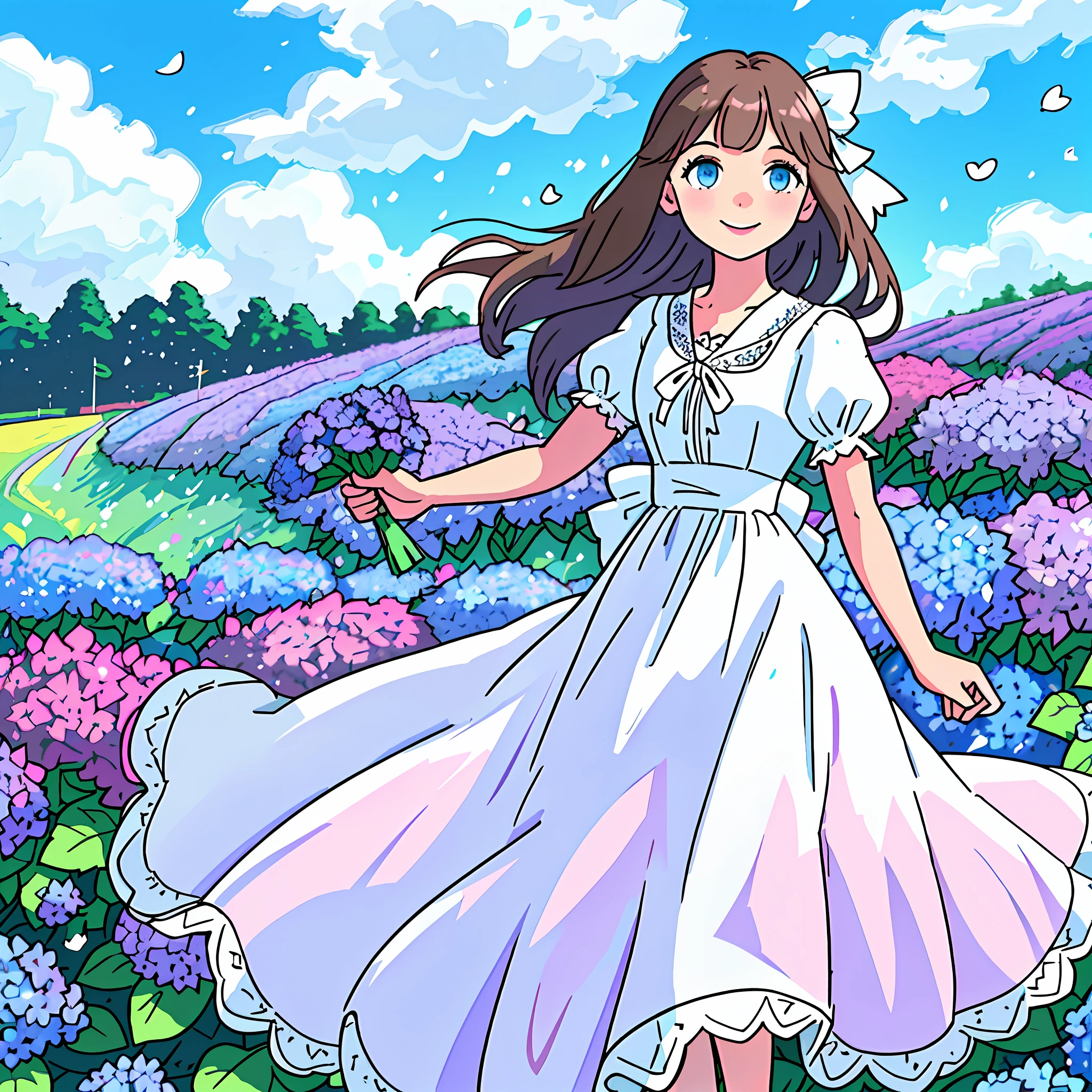 Brown-haired girl with sun reflections, light blue eyes, radiant smile, pink lips, surrounded by a field of blue and purple hydrangeas, bright sky, lights, good quality, dressed in a summer white dress with bow and lace, holding a bouquet of blue hydrangeas, white butterflies with white glitter, green grass, barefoot, clouds,