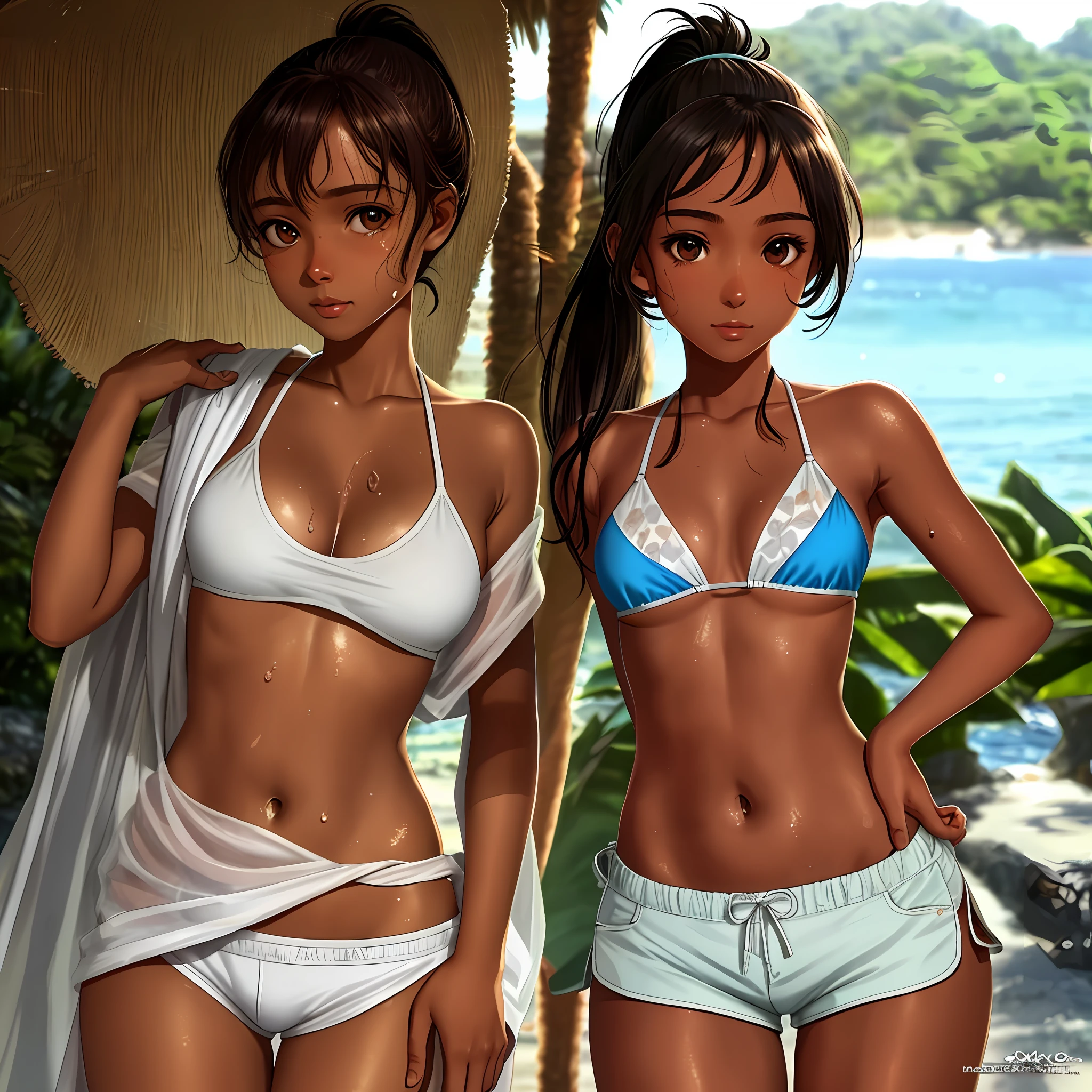 bikini, shorts, modest breasts, brown skin, cute, long eyelashes, slim, delicate, skinny, brown eyes, ponytail, realistic, live-action, slr, shiny skin, 8k, sexy, sweat, summer, fluffy shirt, realistic skin, big eyes, looking at me, cleavage, duplex, best quality, detailed eyes, cinematic lighting, sweat-soaked skin, one, okinawa