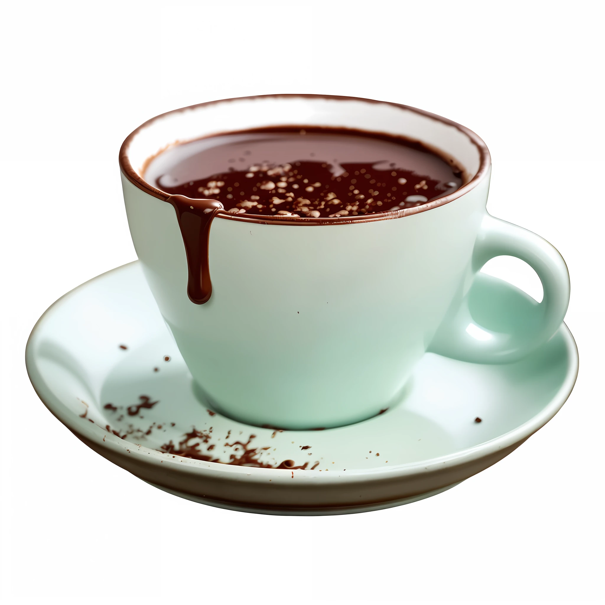 there is a cup of chocolate on a saucer with a spoon, hot cocoa drink, with a cup of hot chocolate, chocolate, some chocolate sauce, hot coffee, chocolate sauce, cup of coffee, coffee cup, smothered in melted chocolate, coffee, by Joe Bowler, yummy, cappuccino, spilt coffee, by Etienne Delessert, huge cup of coffee, glazed