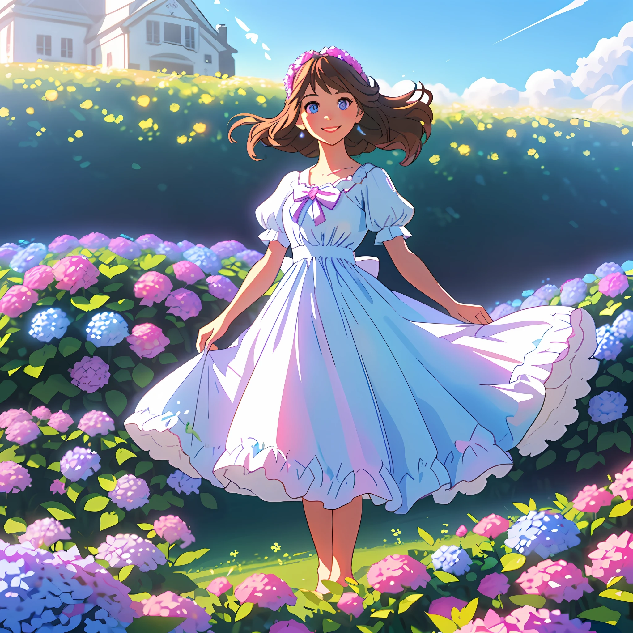 Brown-haired girl with sun reflections, light blue eyes, radiant smile, pink lips, surrounded by a field of blue and purple hydrangeas, bright sky, lights, good quality, dressed in a summer white dress with bow and lace, holding a bouquet of blue hydrangeas, white butterflies with white glitter, green grass, barefoot, clouds,