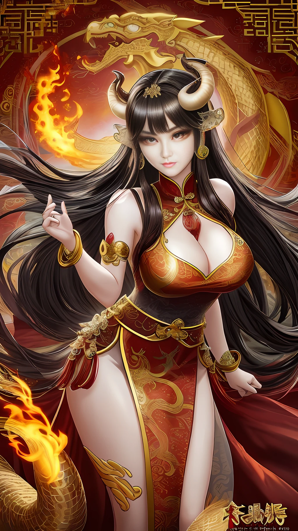 Peerless woman, delicate facial makeup, black hair in the middle, long hair and waist, long eyelashes, dark brown pupil eyes, exquisite nose, moisturizer lips, graceful curves, beautiful figure, bare legs, (delicate and gorgeous sleeveless cheongsam dragon pattern), (multi-layered skirt, with silk yarn, decorative pattern), arm chain waist chain bracelet earrings hair ornament, pearl tassels, ancient Chinese mythology, epic Chinese dragon, golden dragon, with huge horns, sharp animal eyes, fangs, scales, fire magic, movie lighting, concept art