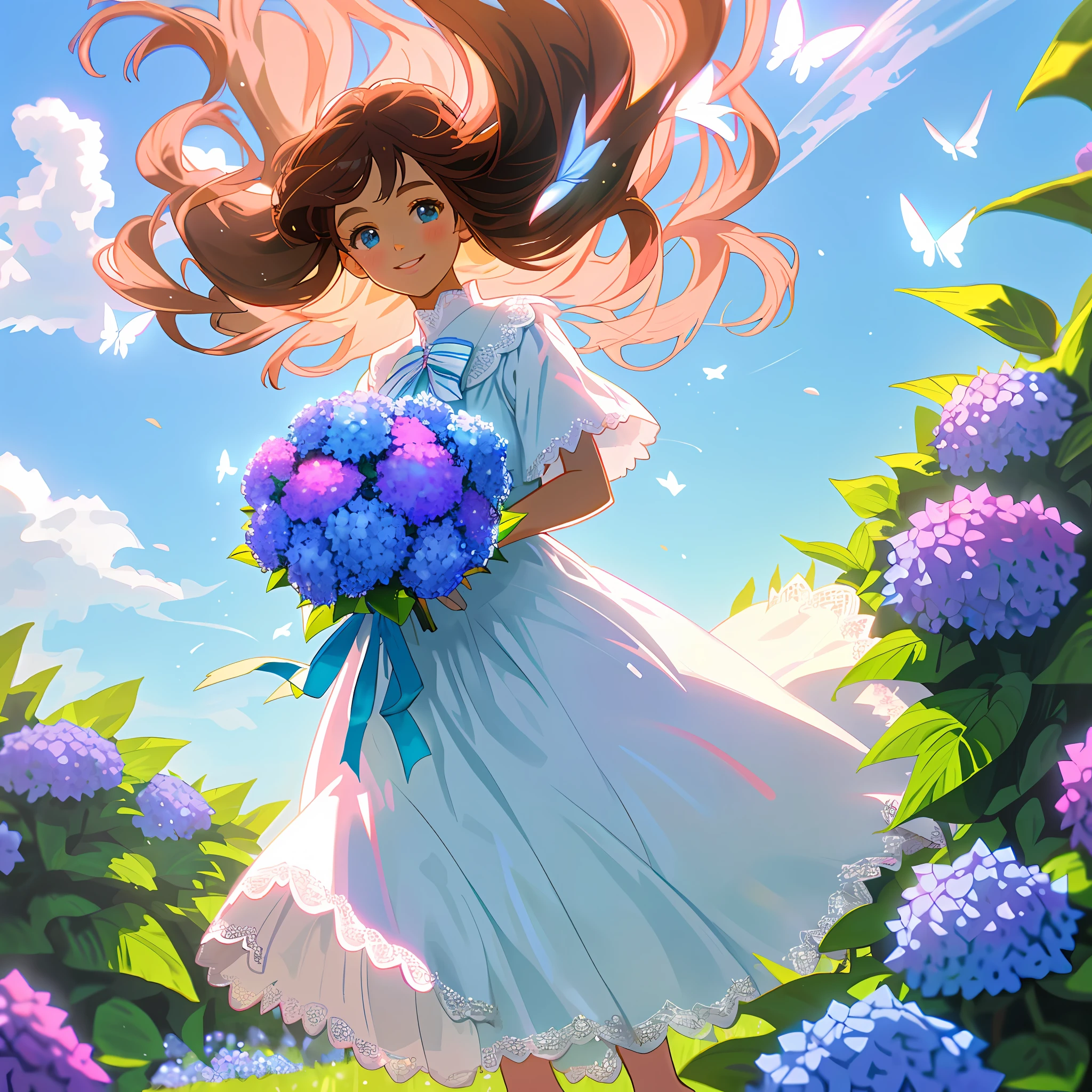 Brown-haired girl with sun reflections, light blue eyes, radiant smile, pink lips, surrounded by a field of blue and purple hydrangeas, bright sky, lights, good quality, dressed in a summer white dress with bow and lace, holding a bouquet of blue hydrangeas, white butterflies with white glitter, green grass, barefoot, clouds,