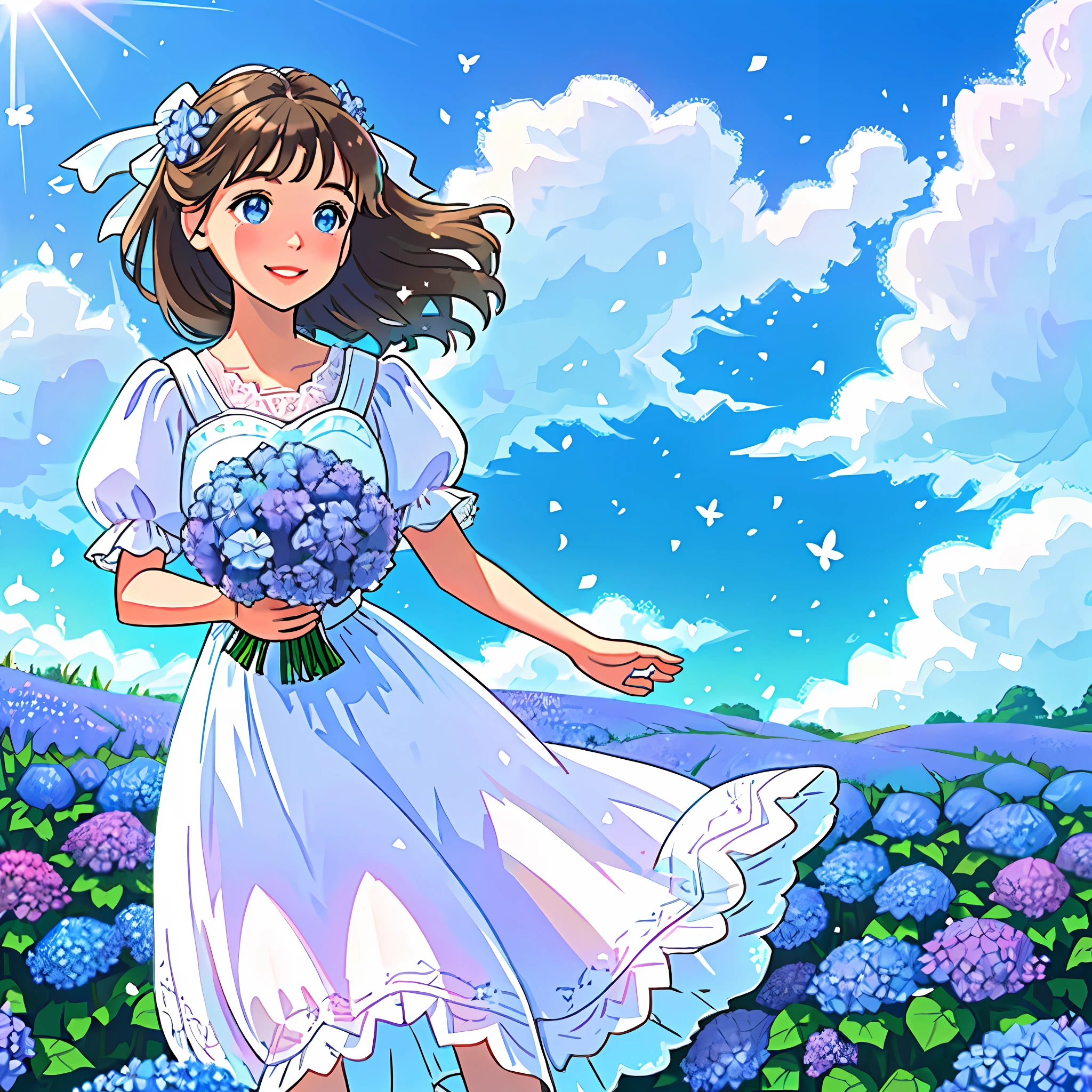Brown-haired girl with sun reflections, light blue eyes, radiant smile, pink lips, surrounded by a field of blue and purple hydrangeas, bright sky, lights, good quality, dressed in a summer white dress with bow and lace, holding a bouquet of blue hydrangeas, white butterflies with white glitter, green grass, barefoot, clouds,