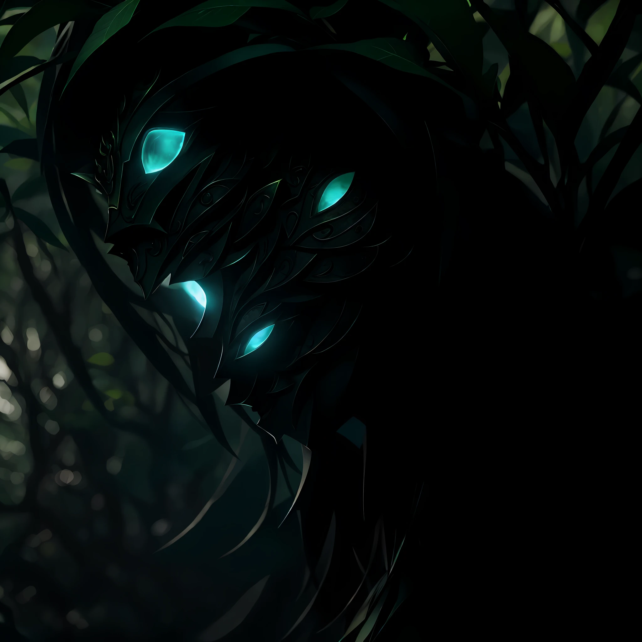 League of Legends game kindreds character mask, organic element, abstract, jungle background, surrounded by leaves, dark and green atmosphere, masterpiece, best quality, high quality, 8k extremely detailed CG unit wallpaper, square image, oil painting, award-winning photography, Bokeh, Depth of Field, HDR, bloom, chromatic aberration, photorealistic, extremely detailed, trend in artstation, trend in CGsociety, intricate, high detail, dramatic, art in the middle of the journey, volumetric lighting