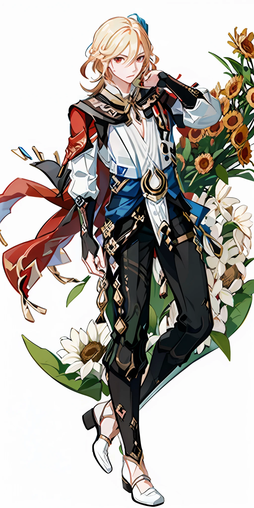 kaveh (genshin impact), 1 male, (Solo:1.4), blond hair, red eyes, in sunflower field with flowers