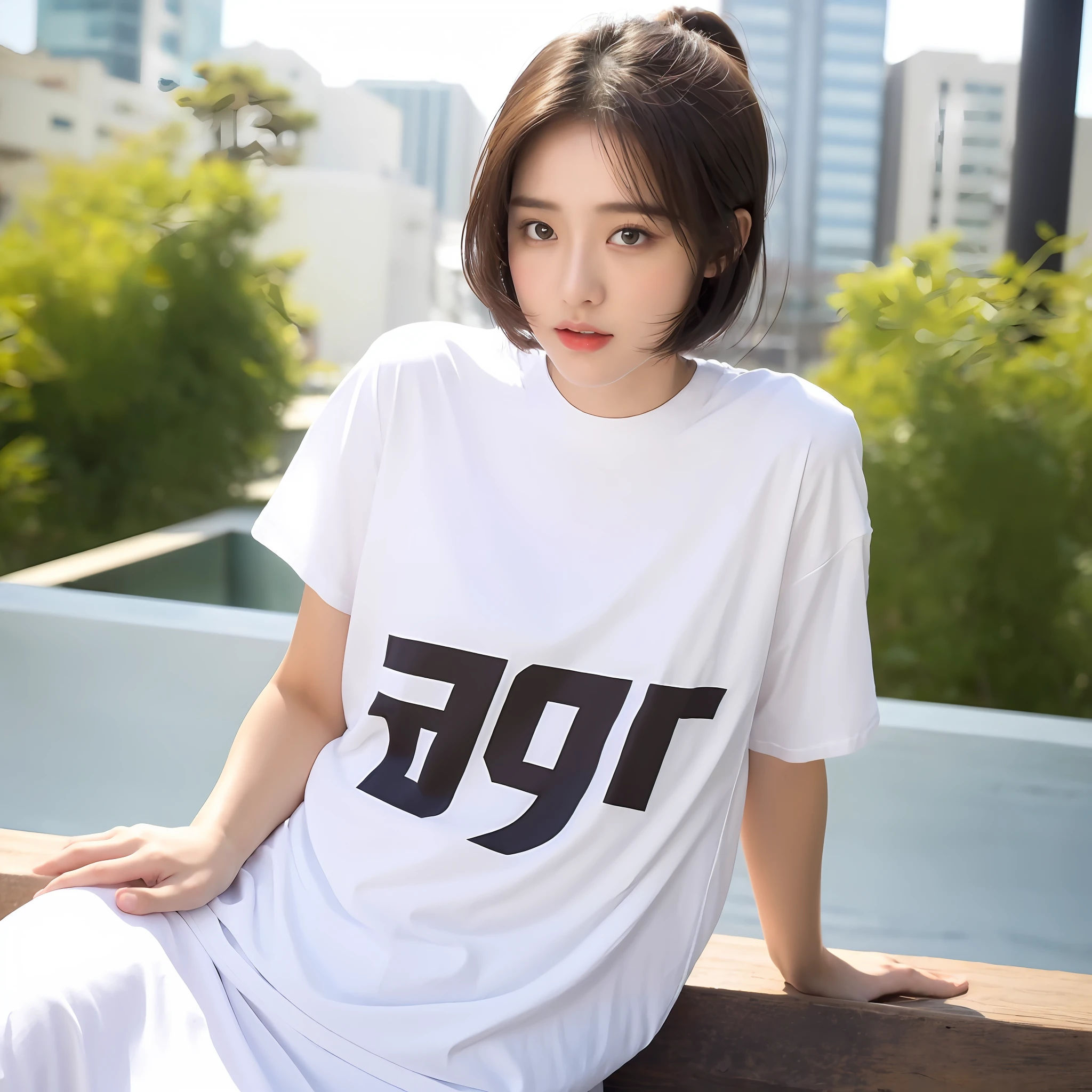((Top Quality, 8K, Masterpiece: 1.3)), Focus: 1.2, 1 Girl, (Plain T-shirt), Oversized T-Shirt, (Layered Haircut: 1.2)), Highly Detailed Face and Skin Texture, Delicate Eyes, Double Eyelids, Whitening Skin, (Round Face: 1.5), Urzan, Ala Flint sits on a bench wearing a white shirt, Official Product Images, Short Sleeves, Overflow, Japan streetwear, overlays, she wears streetwear, screen print, over-proportioned, advertising image, graphic print, off-white, t-shirt !!,official, medium portrait, extra large, graphic t-shirt, official product photo, screen print, white t-shirt