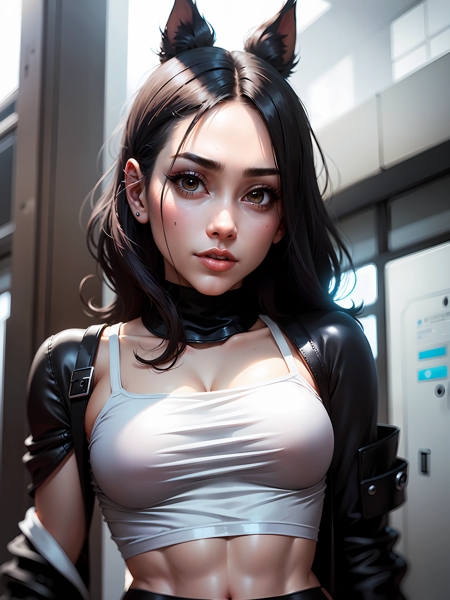 ((realistic face, seductive, adult look, white eyes)), (grey crop top, black underwear, short clothes), (black long hair), (20 years), (1 girl), (4k style))